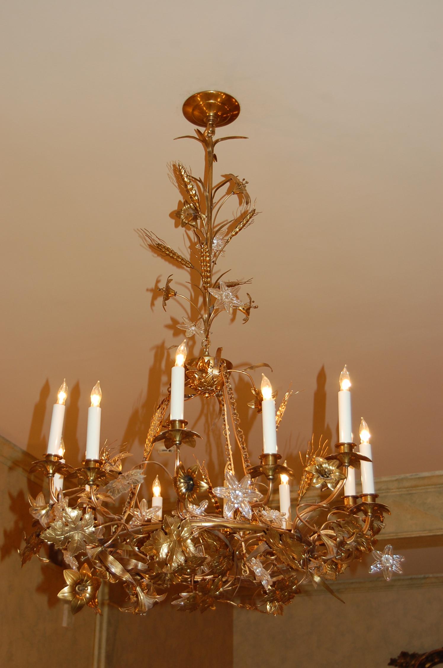 Gilt Brass Chandelier with Clusters of Brass Grapes, Leaves and Sheaths of Wheat 11