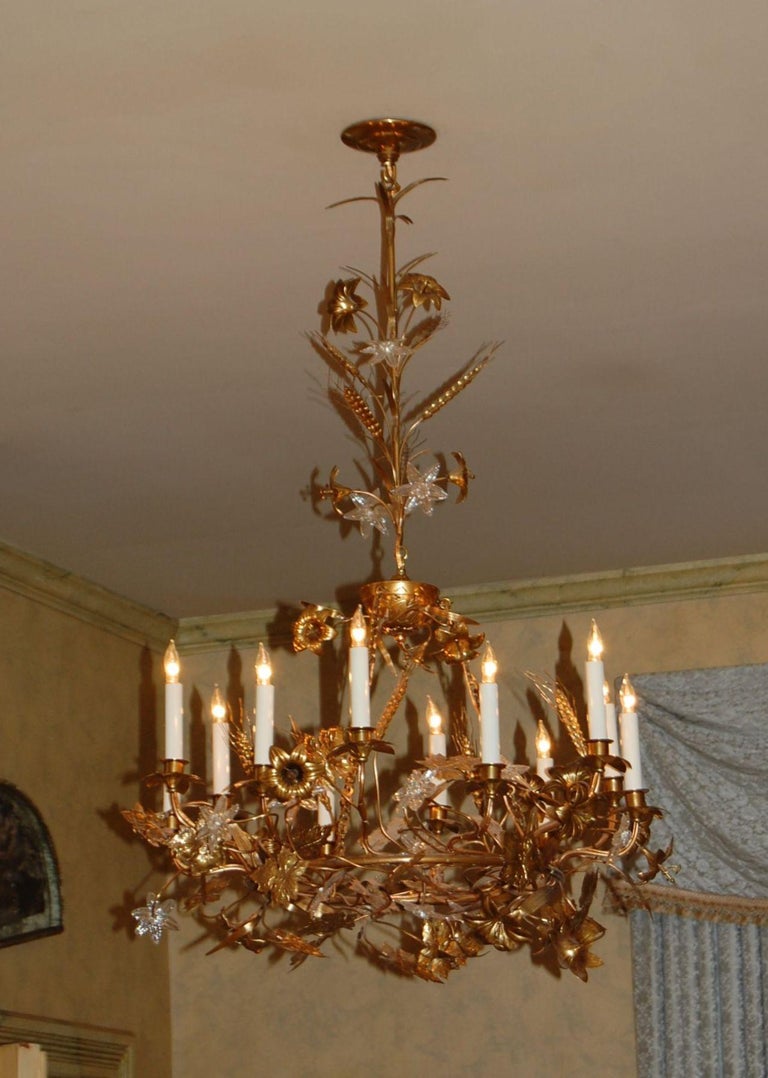 Gilt Brass Chandelier with Clusters of Brass Grapes, Leaves and Sheaths