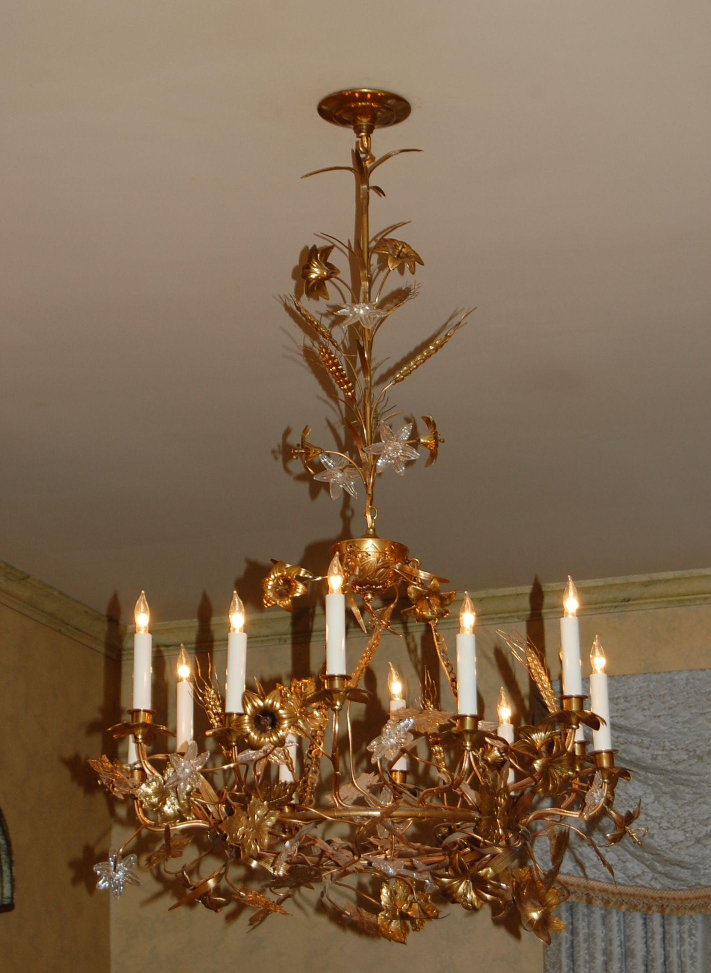 Gilt Brass Chandelier with Clusters of Brass Grapes, Leaves and Sheaths of Wheat 13