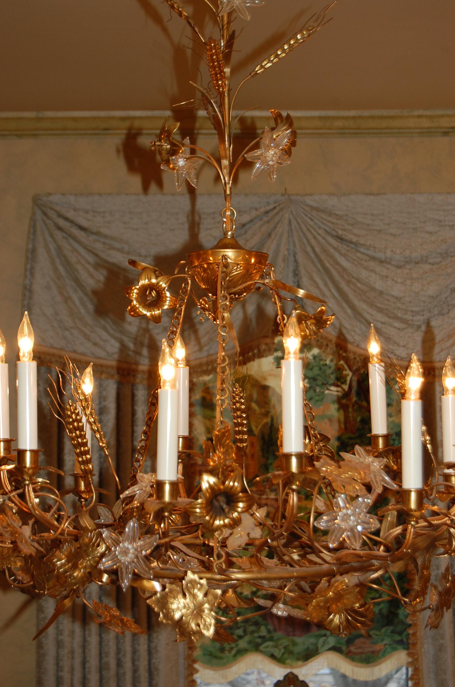 Victorian Gilt Brass Chandelier with Clusters of Brass Grapes, Leaves and Sheaths of Wheat