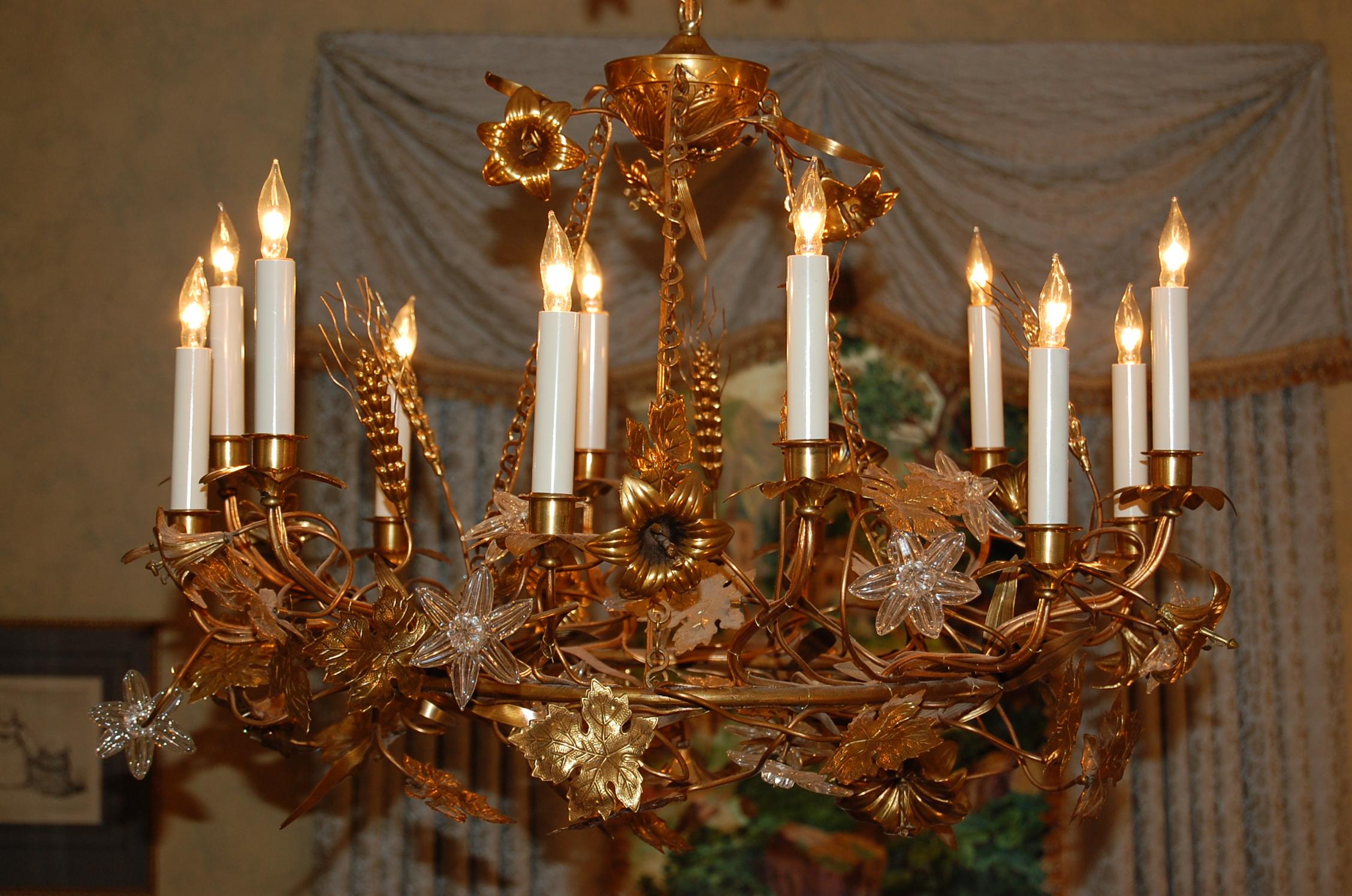 French Gilt Brass Chandelier with Clusters of Brass Grapes, Leaves and Sheaths of Wheat