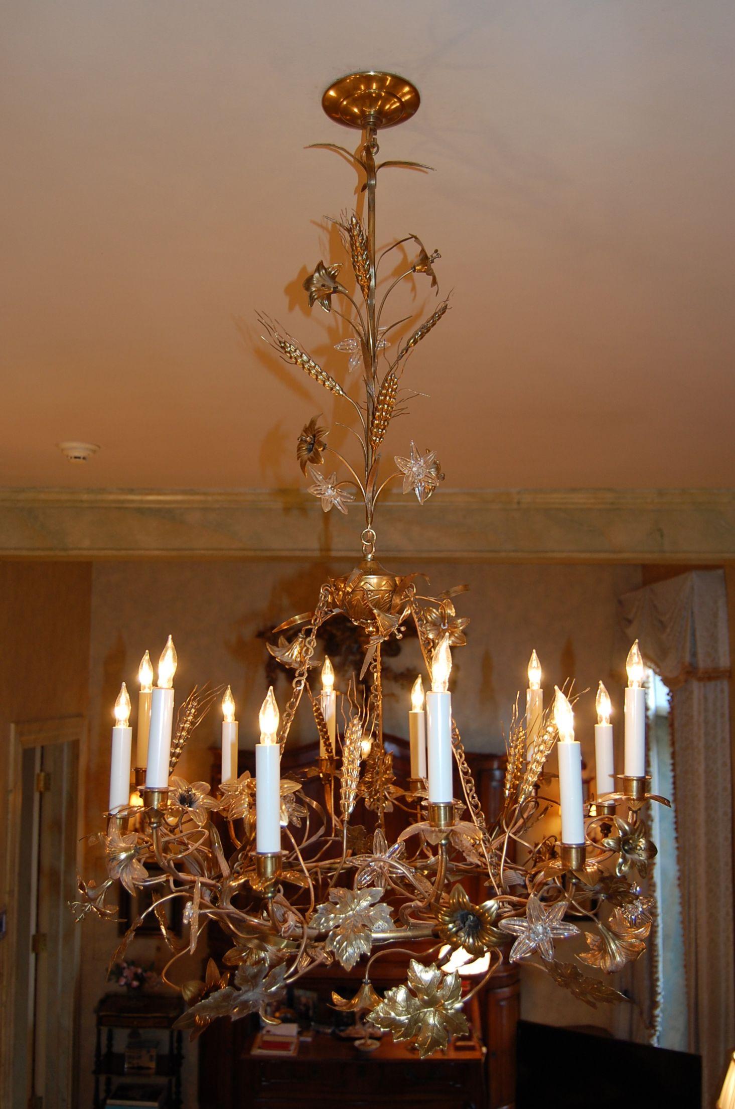 Hand-Crafted Gilt Brass Chandelier with Clusters of Brass Grapes, Leaves and Sheaths of Wheat