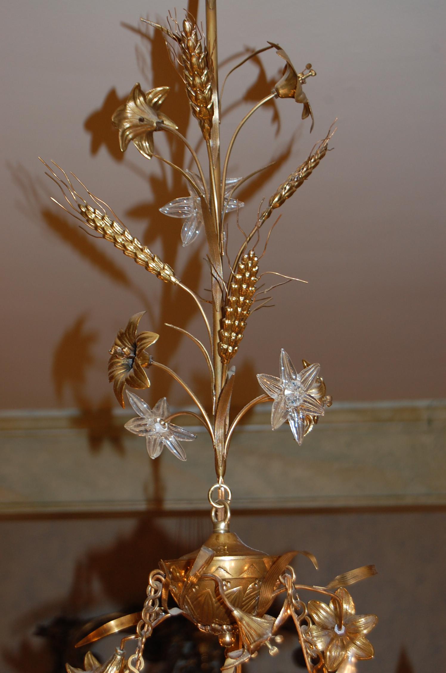 Gilt Brass Chandelier with Clusters of Brass Grapes, Leaves and Sheaths of Wheat In Good Condition In Pittsburgh, PA