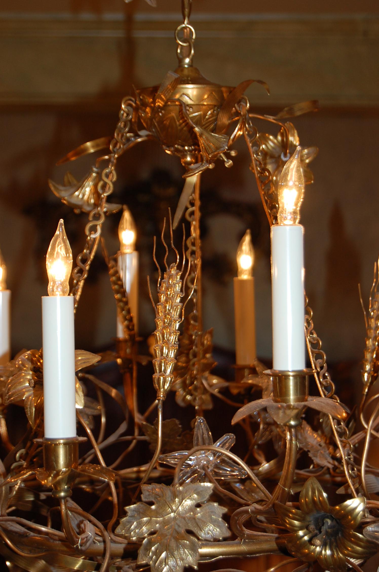 19th Century Gilt Brass Chandelier with Clusters of Brass Grapes, Leaves and Sheaths of Wheat