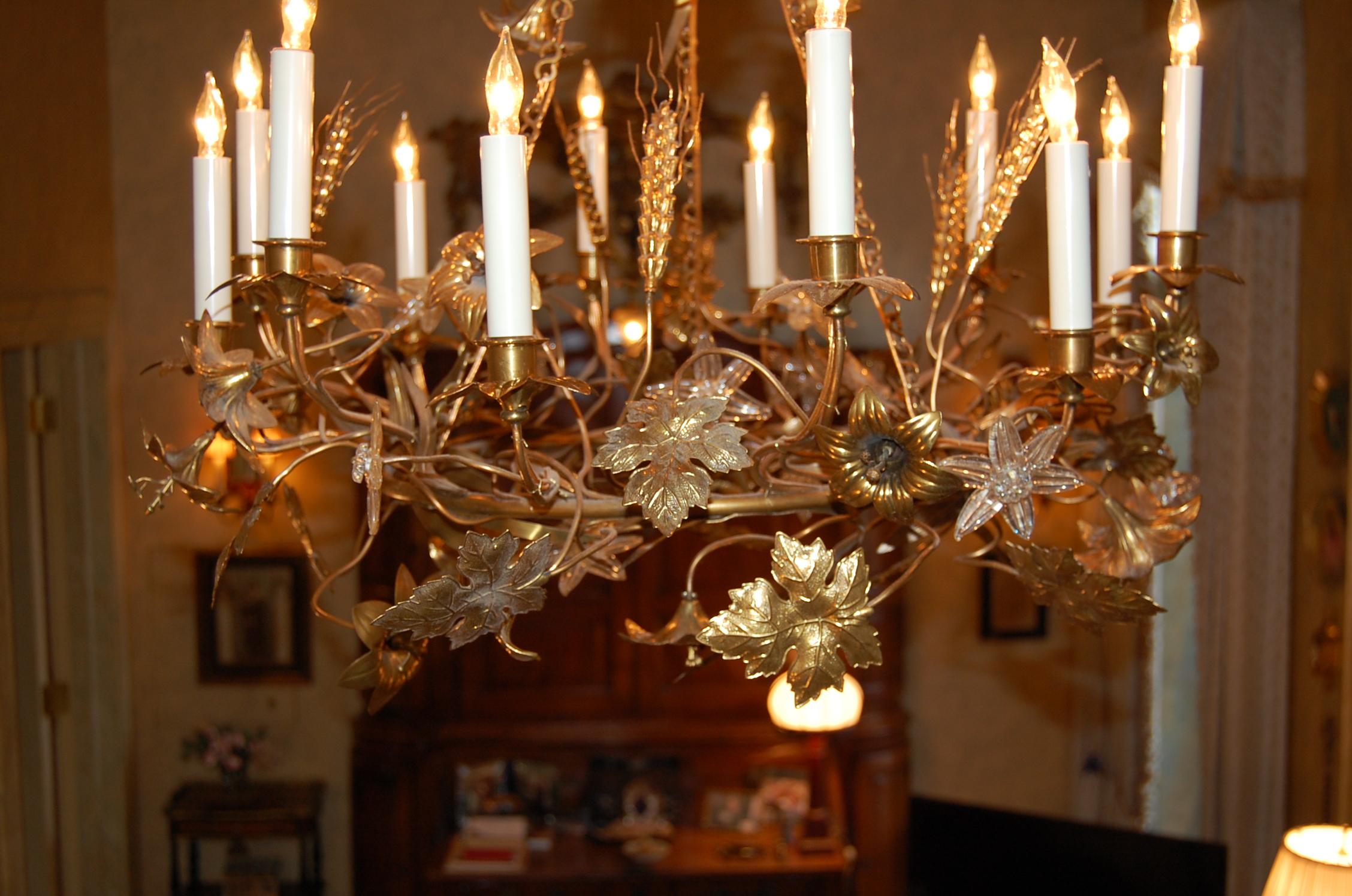 Gilt Brass Chandelier with Clusters of Brass Grapes, Leaves and Sheaths of Wheat 1