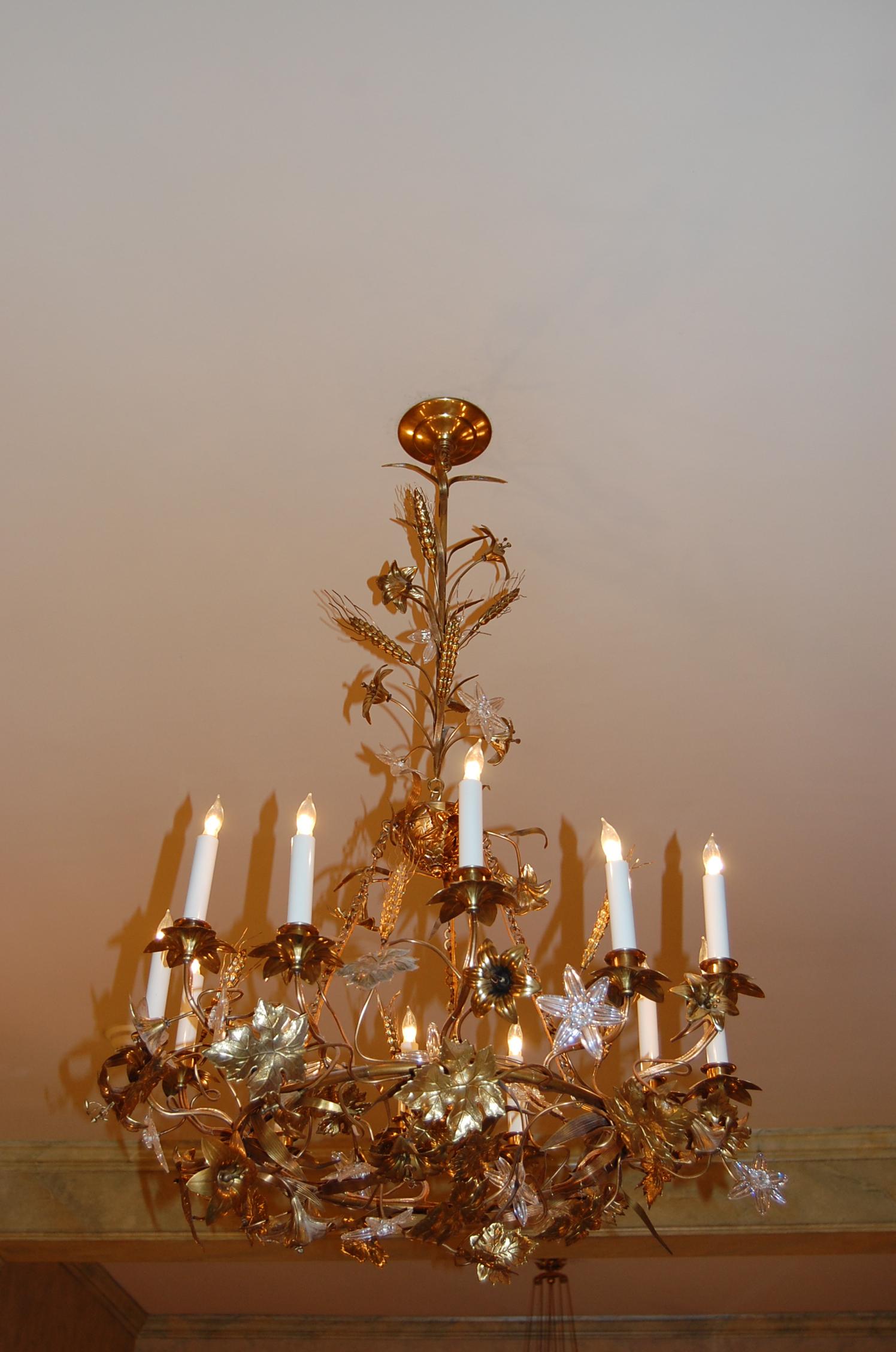 Gilt Brass Chandelier with Clusters of Brass Grapes, Leaves and Sheaths of Wheat 2