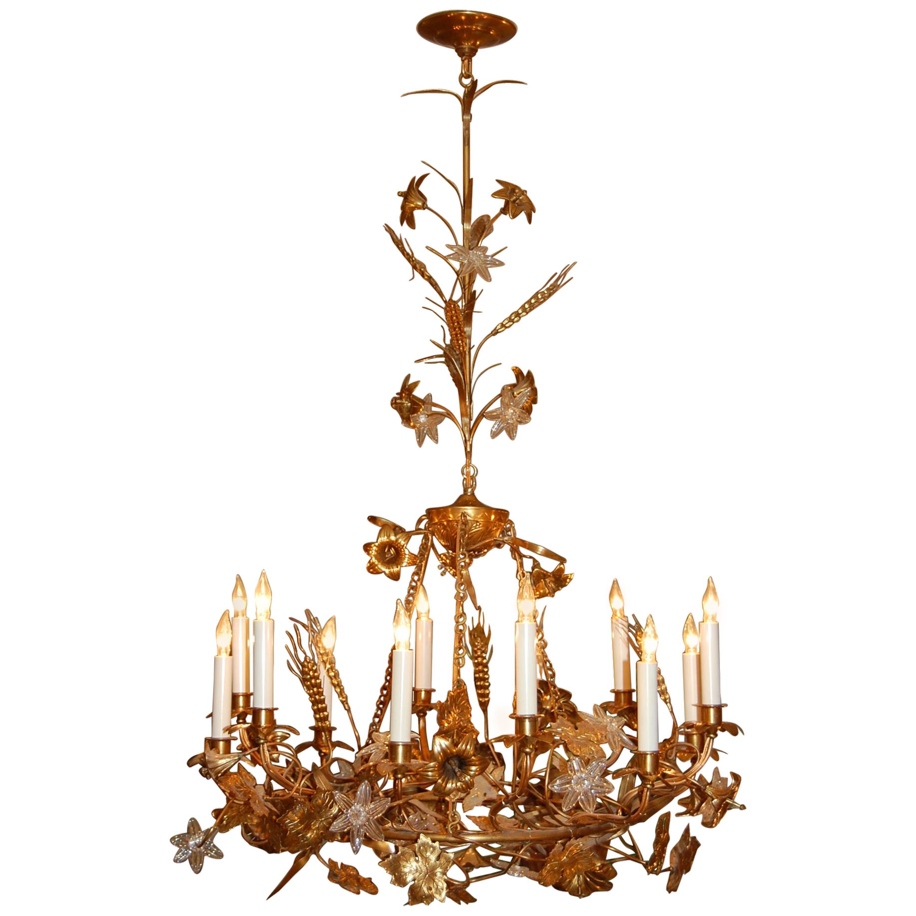 Gilt Brass Chandelier with Clusters of Brass Grapes, Leaves and Sheaths of Wheat