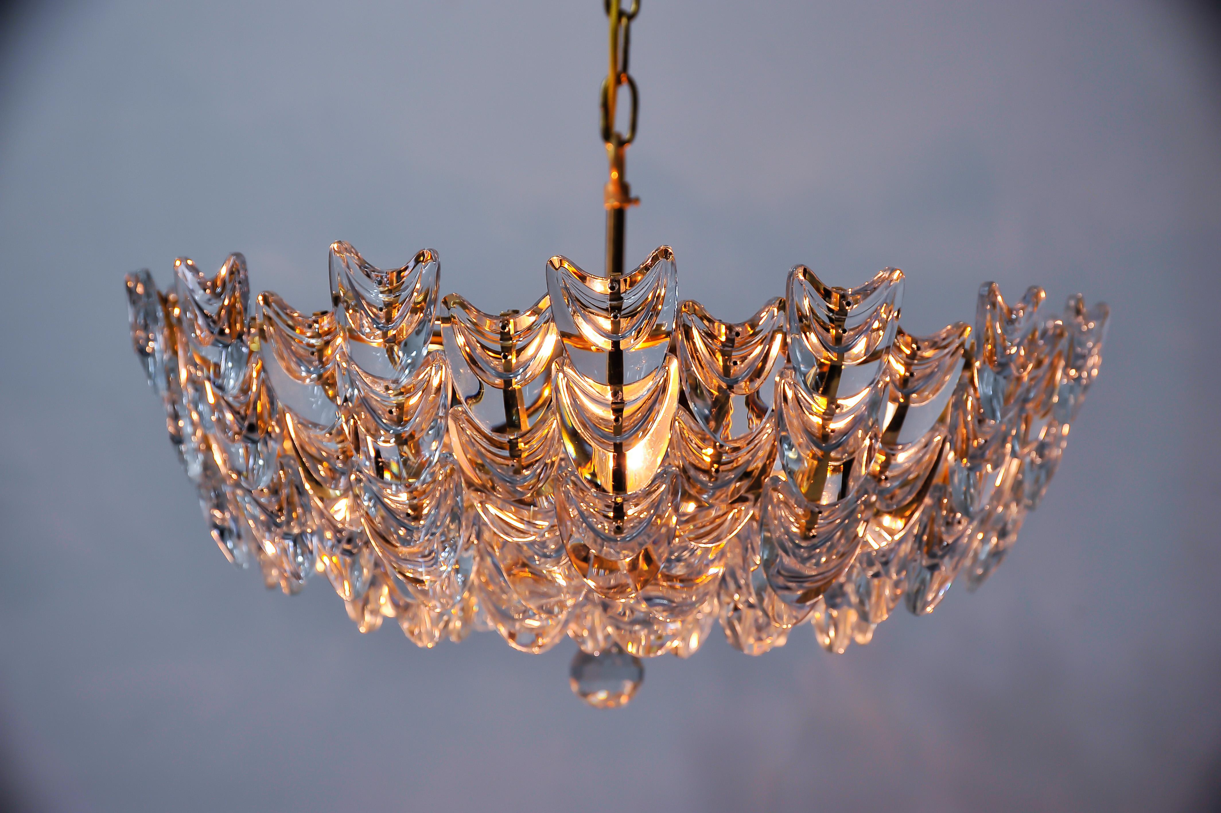 Mid-Century Modern Gilt Brass Chandelier with Glass, German, circa 1960s For Sale