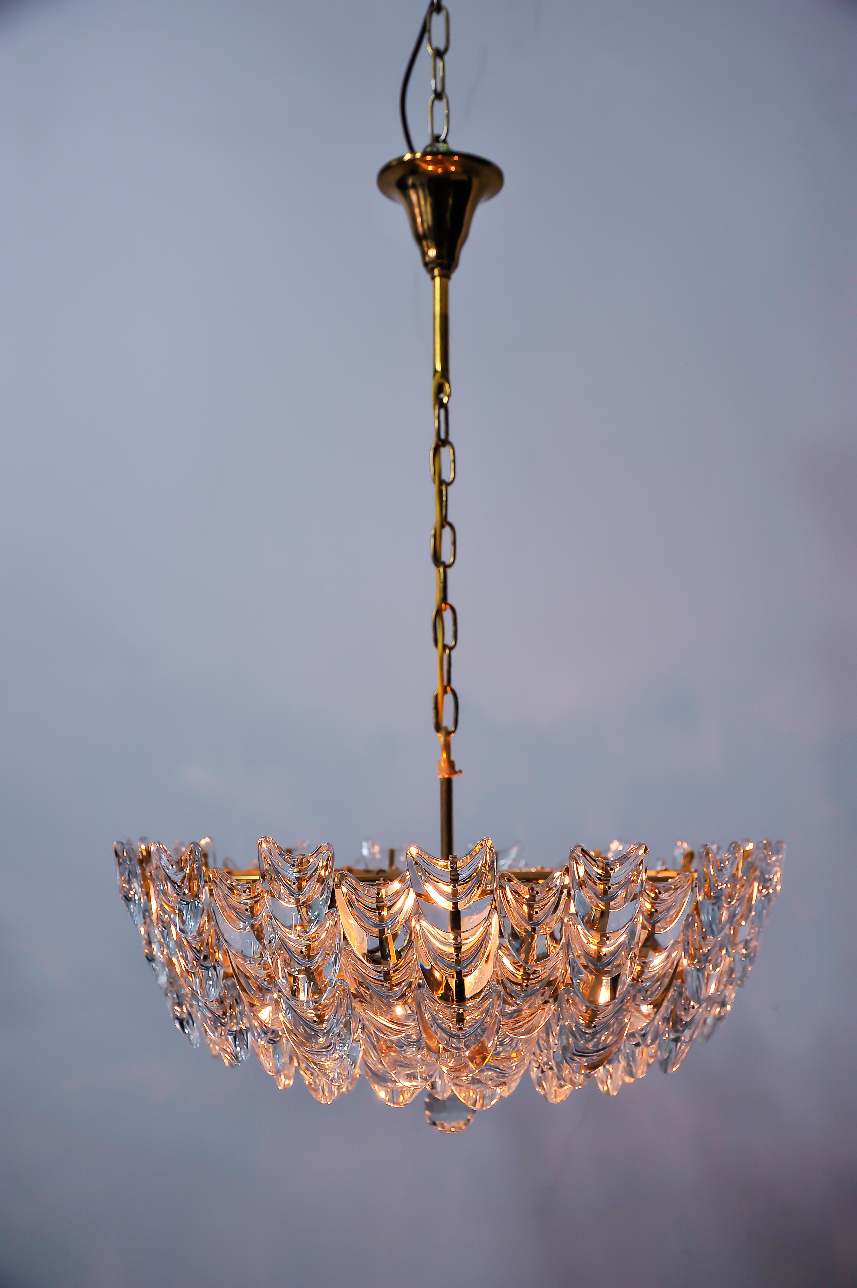 Mid-20th Century Gilt Brass Chandelier with Glass, German, circa 1960s For Sale