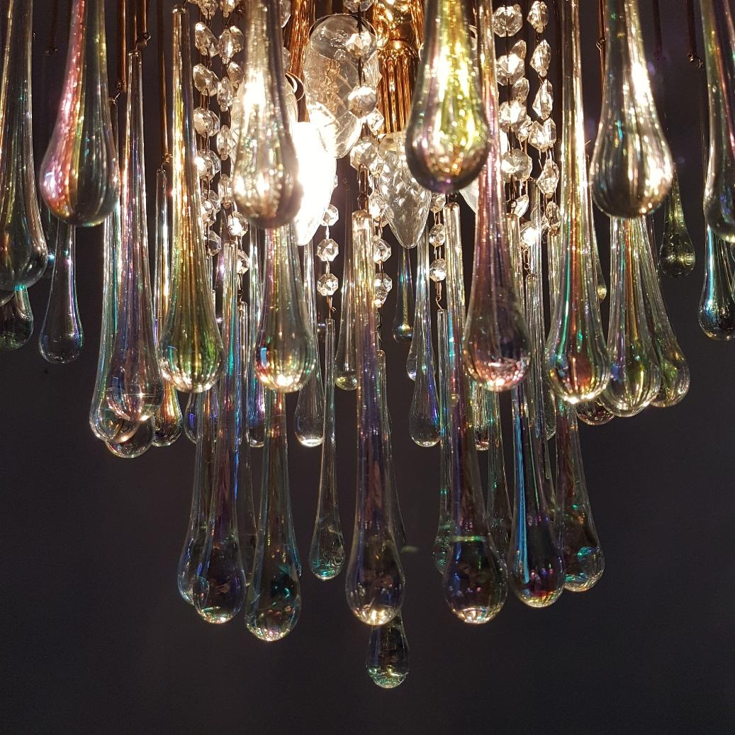 Gilt Brass Chandelier with Murano Glass Teardrops by Paolo Venini for Murano In Excellent Condition In Valkenswaard, NL