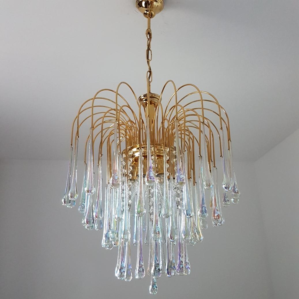 20th Century Gilt Brass Chandelier with Murano Glass Teardrops by Paolo Venini for Murano