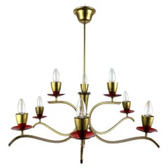 Gilt Brass Chandelier With Red Decorated Elements  Italian Pendant Lighting