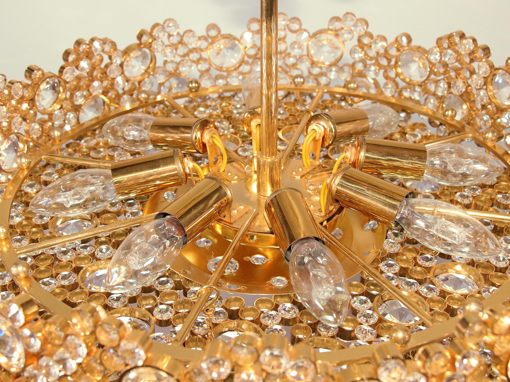 Hollywood Regency 1970 Germany Palwa Bubble Chandelier Swarovski Crystal & 24k Gilt Brass For Sale