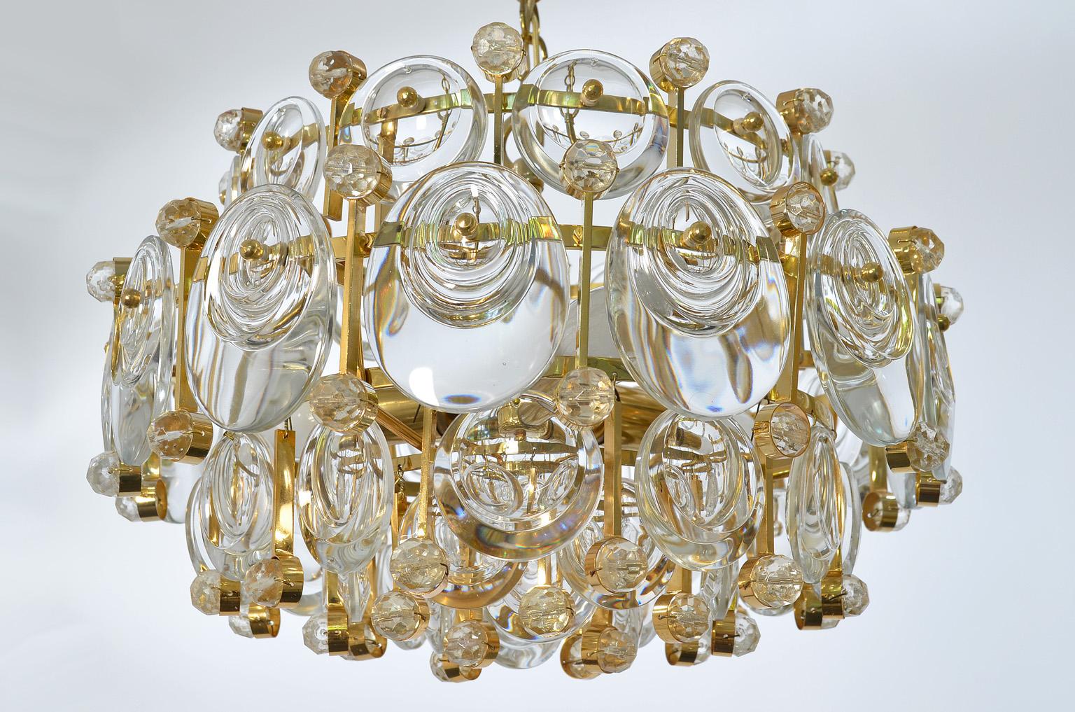 Mid-Century Modern Gilt Brass and Crystal Glass Chandelier from Palwa, 1960s Labeled by Palwa For Sale