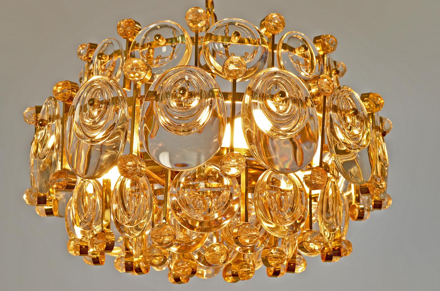 German Gilt Brass and Crystal Glass Chandelier from Palwa, 1960s Labeled by Palwa For Sale