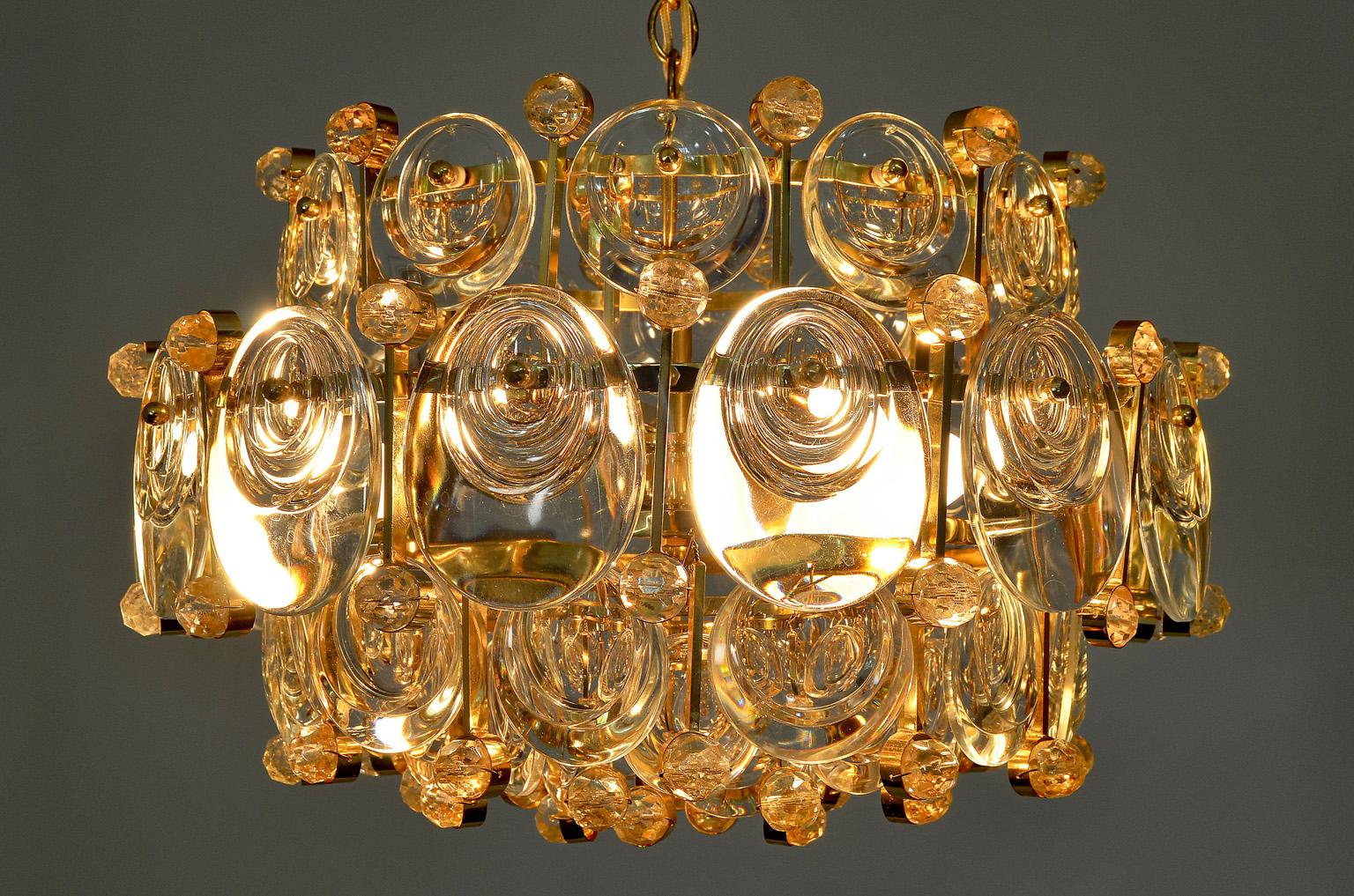 Mid-20th Century Gilt Brass and Crystal Glass Chandelier from Palwa, 1960s Labeled by Palwa For Sale