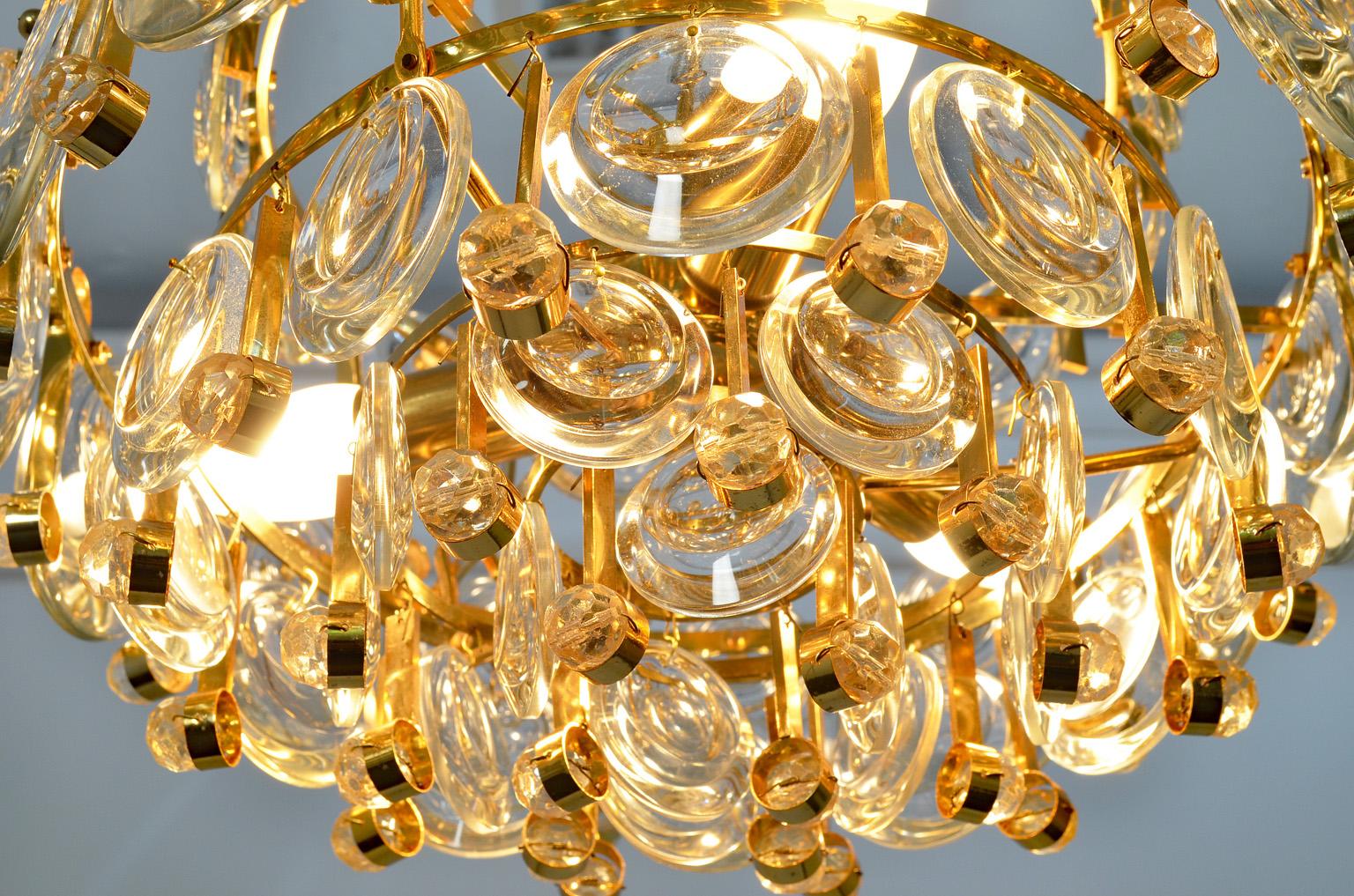 Gilt Brass and Crystal Glass Chandelier from Palwa, 1960s Labeled by Palwa For Sale 1