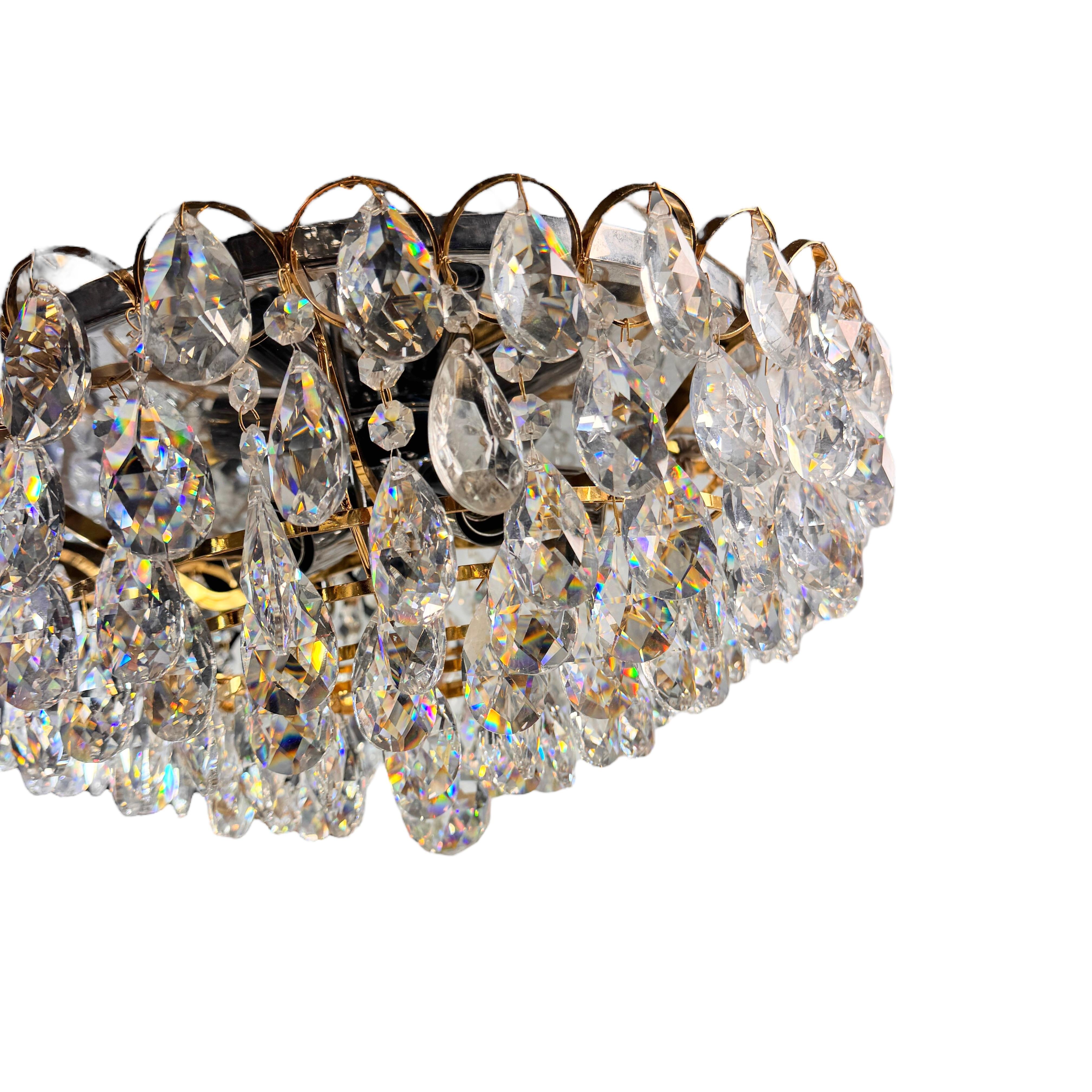 Lampadario da incasso in ottone dorato e vetro tagliato di Palwa Germany, anni '70 in vendita 4