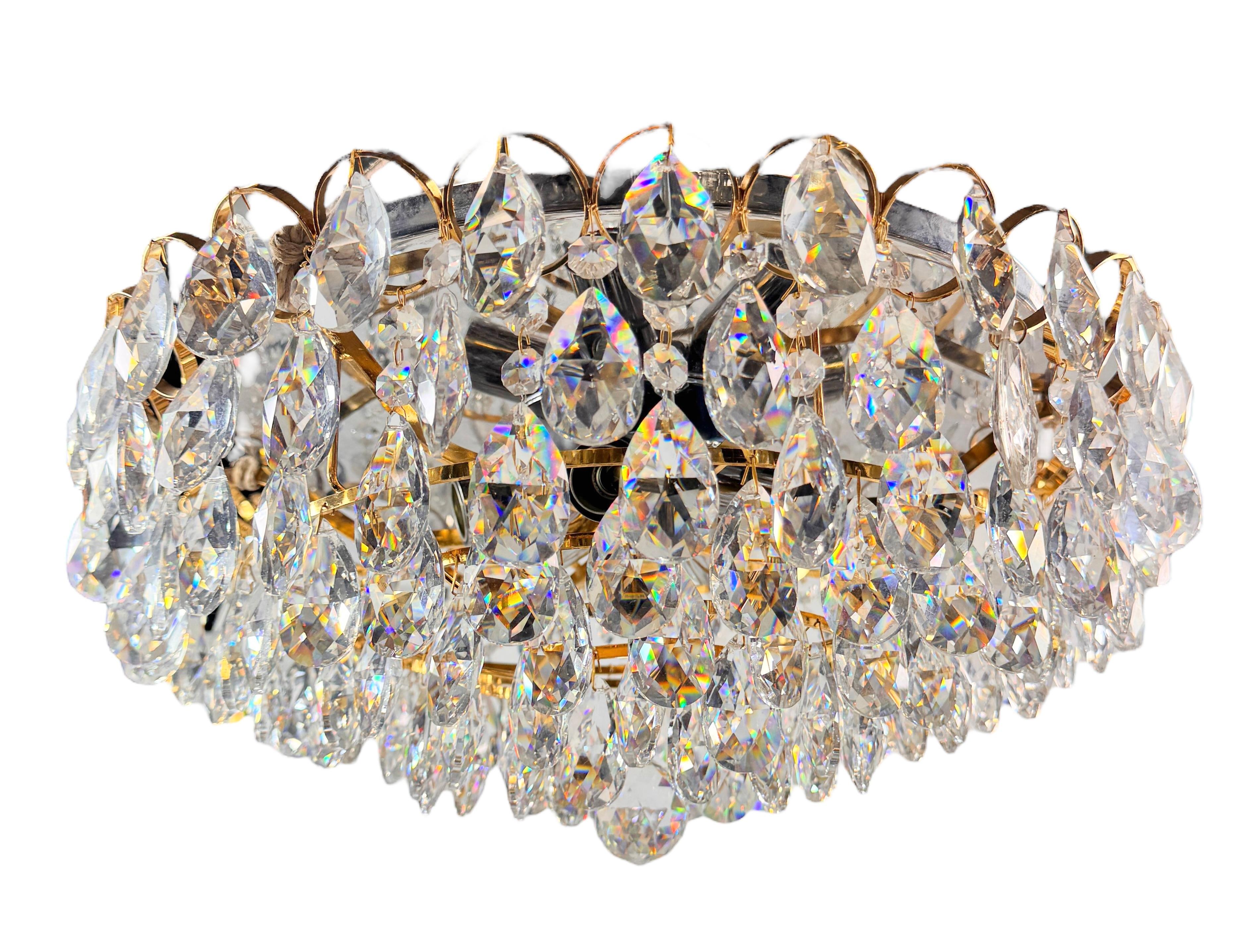 Lampadario da incasso in ottone dorato e vetro tagliato di Palwa Germany, anni '70 in vendita 9