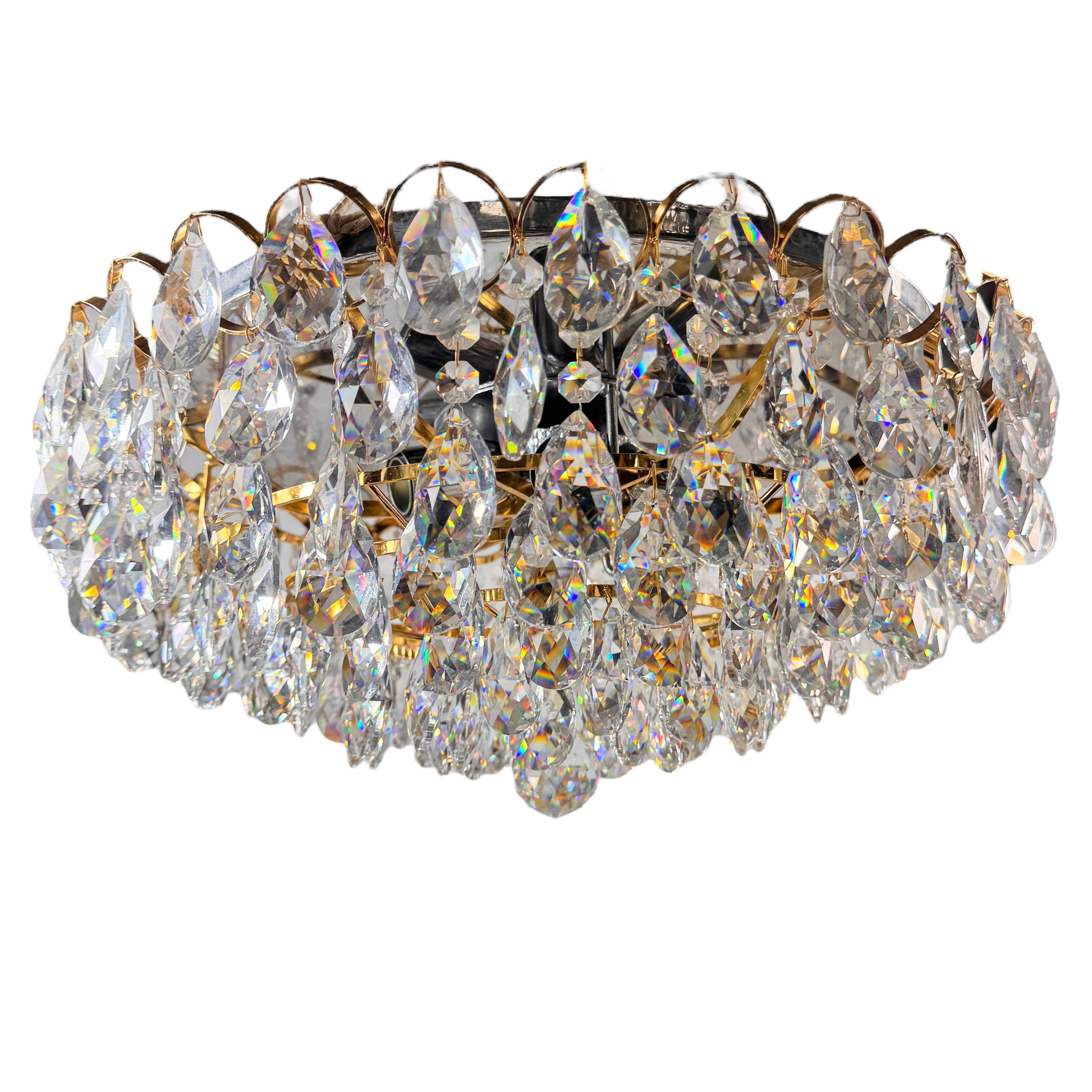 Lampadario da incasso in ottone dorato e vetro tagliato di Palwa Germany, anni '70 in vendita 10