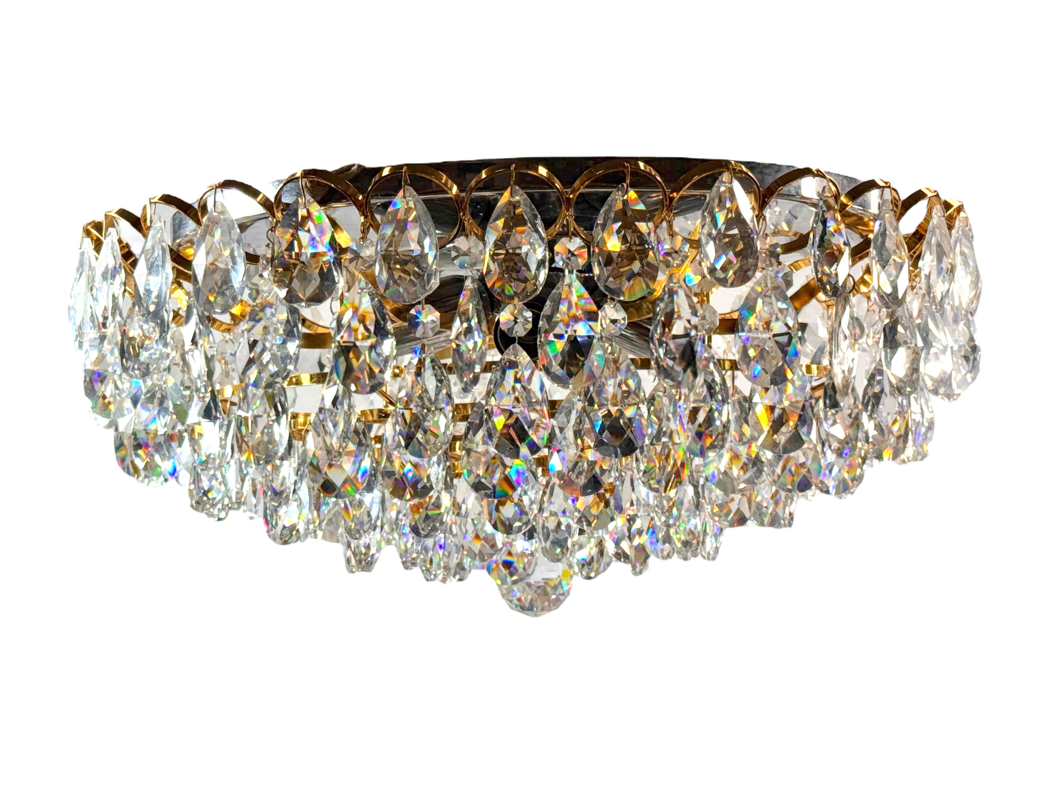 Lampadario da incasso in ottone dorato e vetro tagliato di Palwa Germany, anni '70 In condizioni buone in vendita a Nuernberg, DE