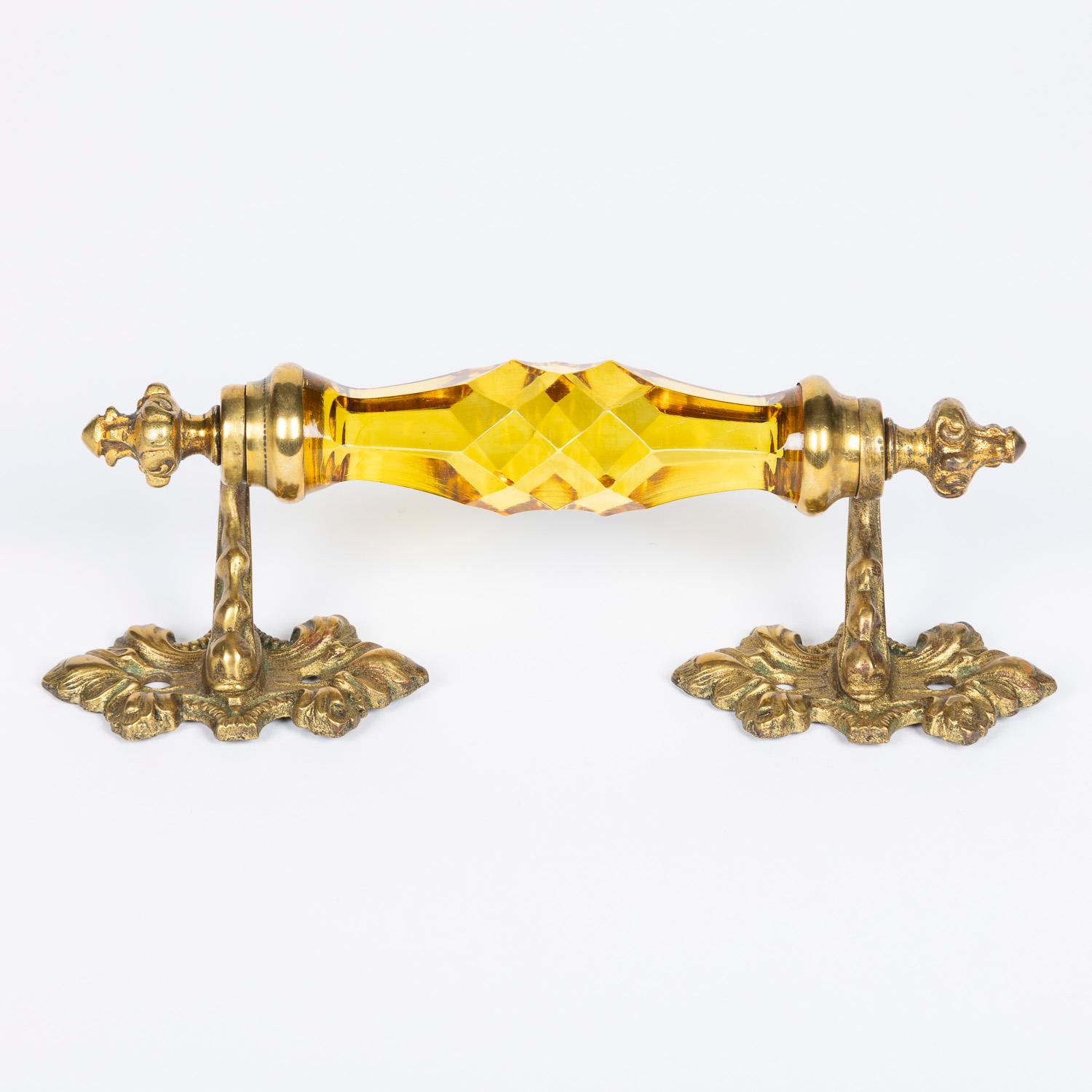 English Gilt Brass Door Handles with Amber Coloured Cut Glass For Sale