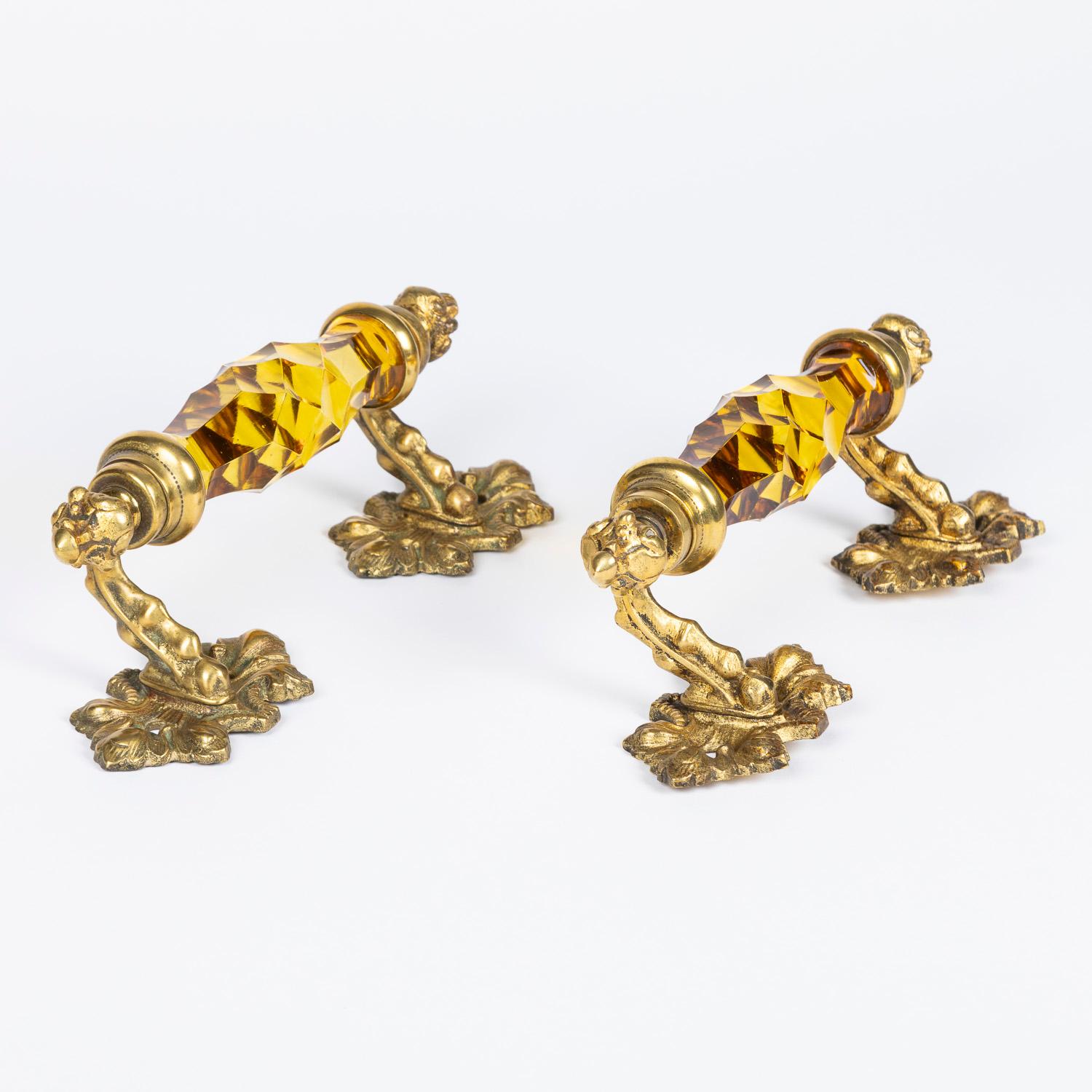 Gilt Brass Door Handles with Amber Coloured Cut Glass For Sale 2