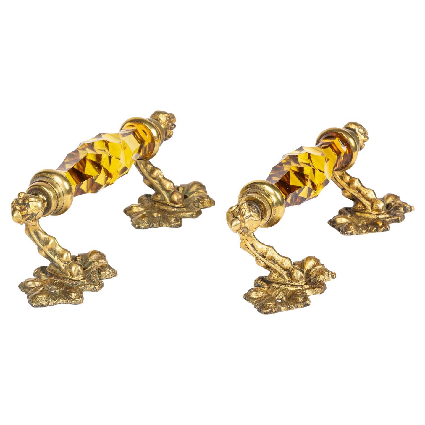 Gilt Brass Door Handles with Amber Coloured Cut Glass