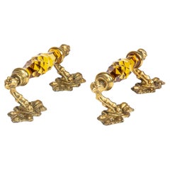 Vintage Gilt Brass Door Handles with Amber Coloured Cut Glass