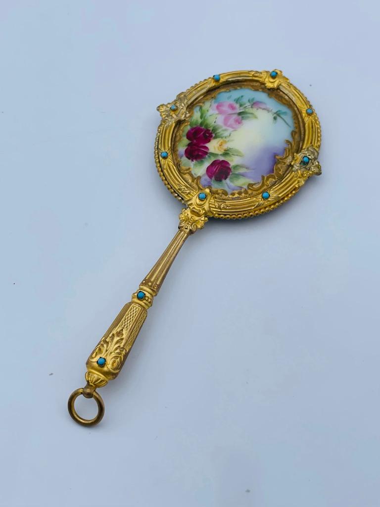 Gilt Brass Enamel Purse Mirror In Good Condition In New York, NY