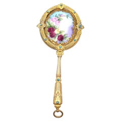 Antique Gilt Brass Enamel Purse Mirror