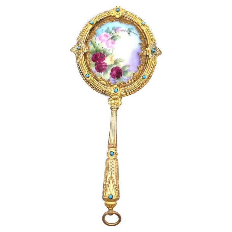 Gilt Brass Enamel Purse Mirror For Sale at 1stDibs