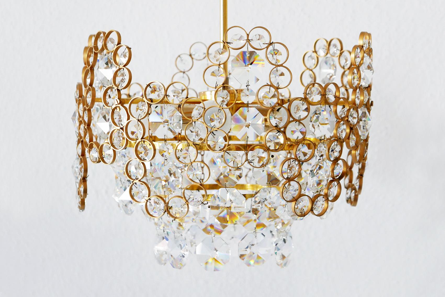 Gilt Brass Facet Cut Crystal Glass Chandelier by Palwa, 1970s, Germany For Sale 5