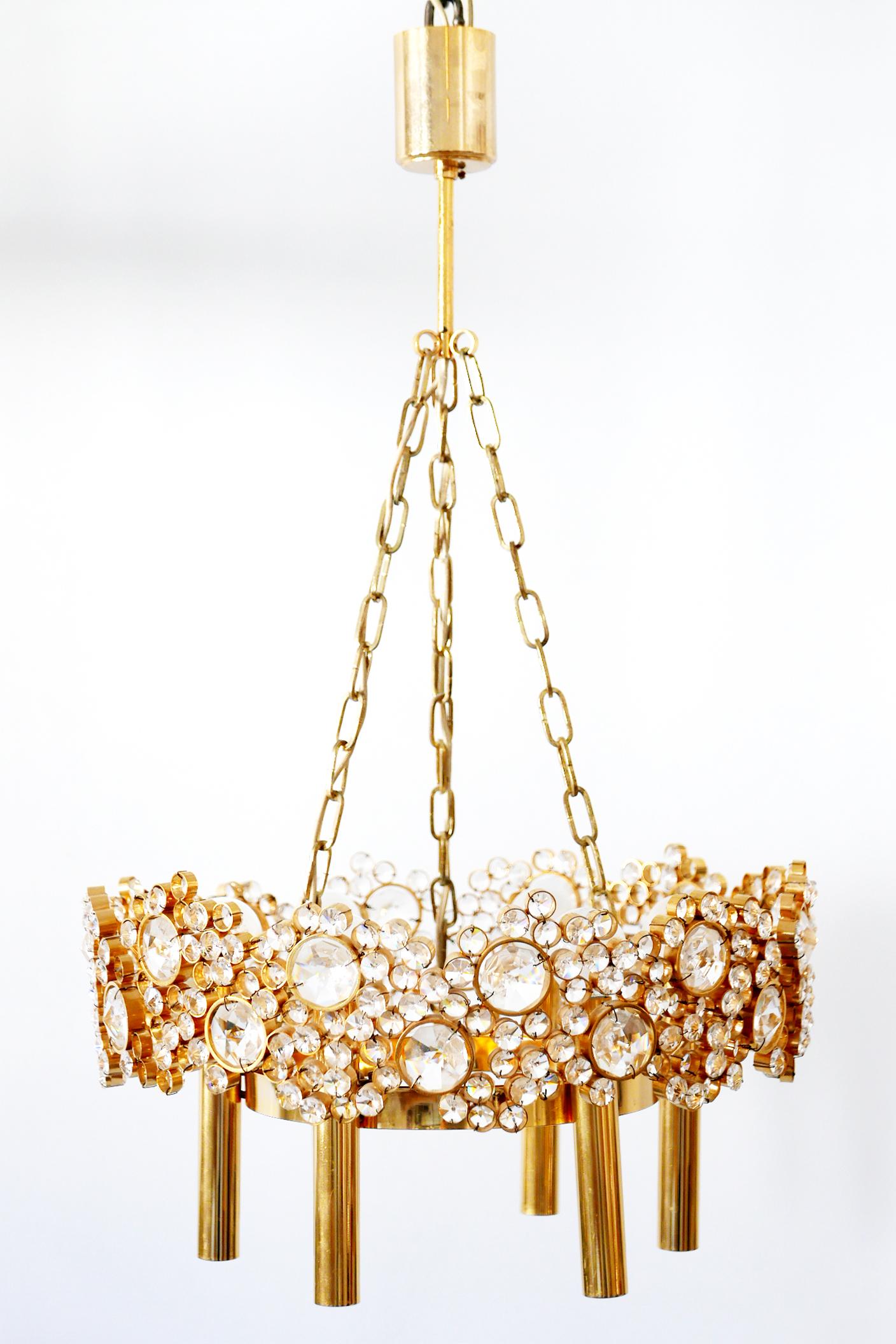 Mid-Century Modern Gilt Brass Facet Cut Crystal Glass Chandelier 'Jewel' by Palwa, 1970s, Germany For Sale