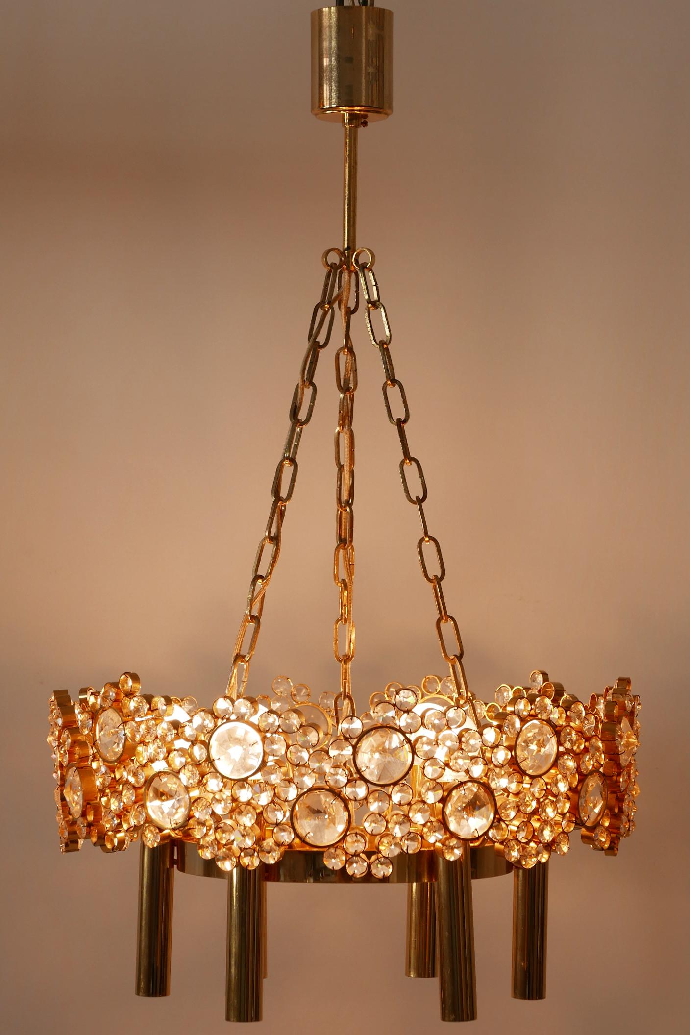 Faceted Gilt Brass Facet Cut Crystal Glass Chandelier 'Jewel' by Palwa, 1970s, Germany For Sale