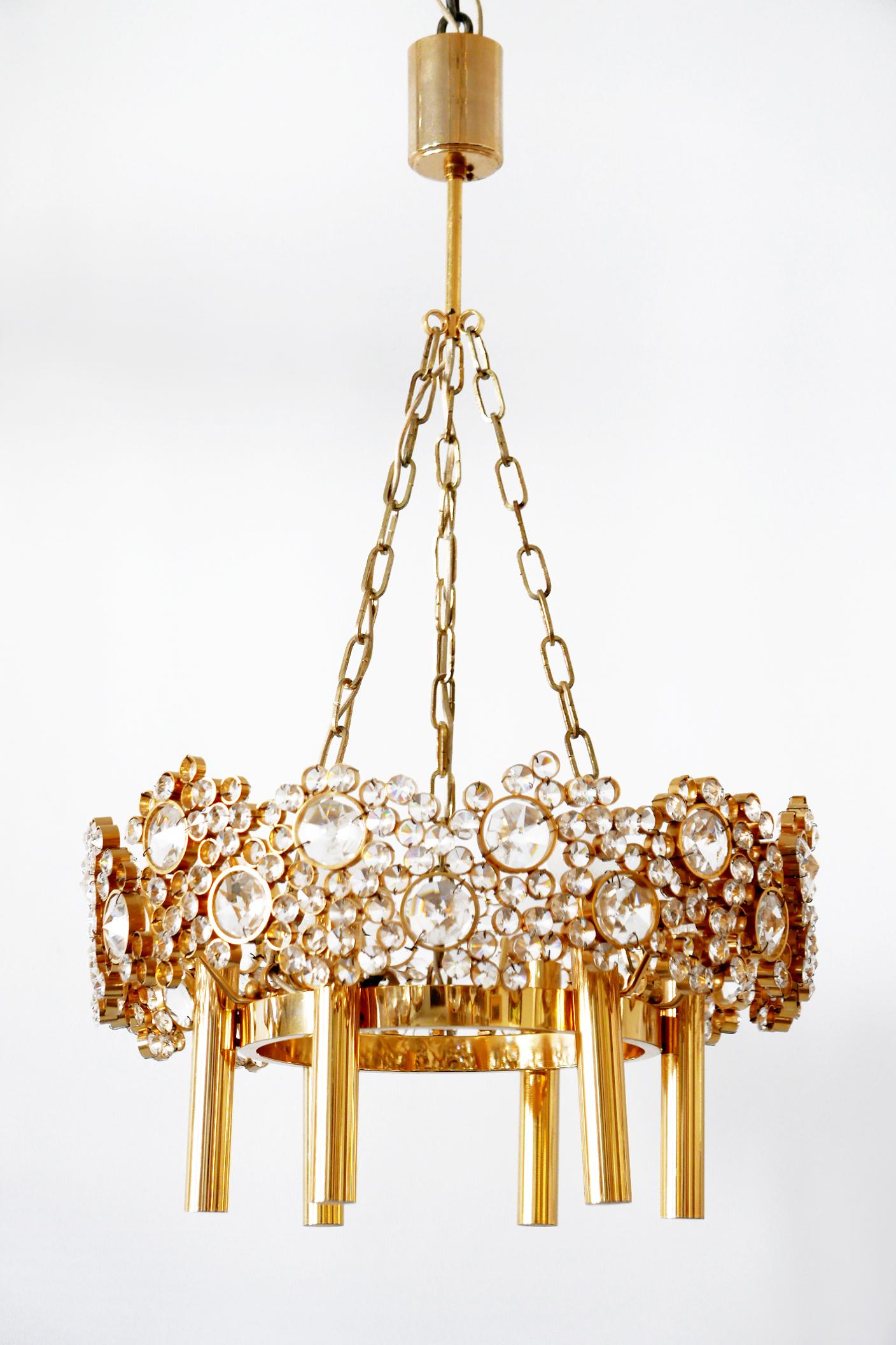 Gilt Brass Facet Cut Crystal Glass Chandelier 'Jewel' by Palwa, 1970s, Germany In Good Condition For Sale In Munich, DE