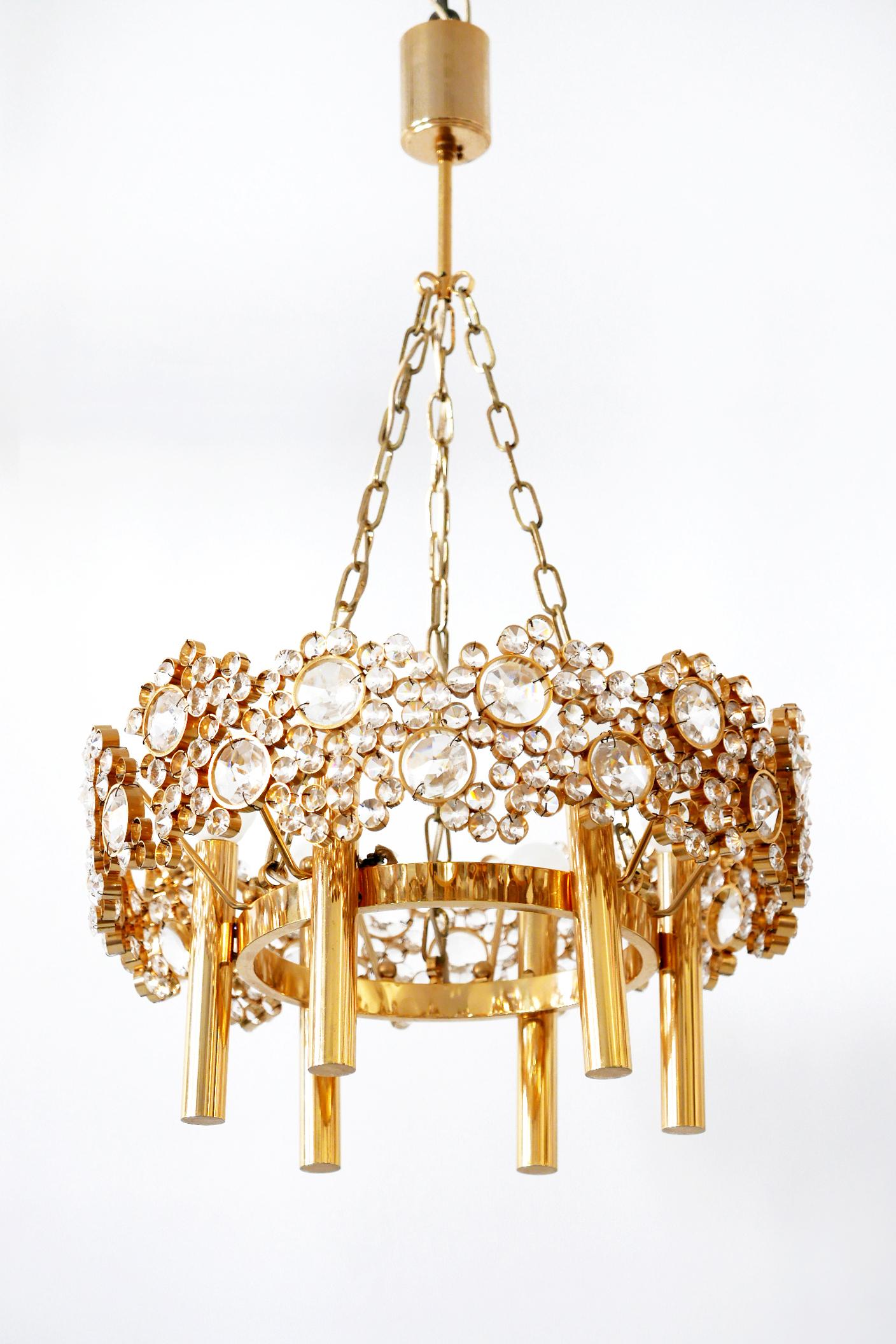 Late 20th Century Gilt Brass Facet Cut Crystal Glass Chandelier 'Jewel' by Palwa, 1970s, Germany For Sale
