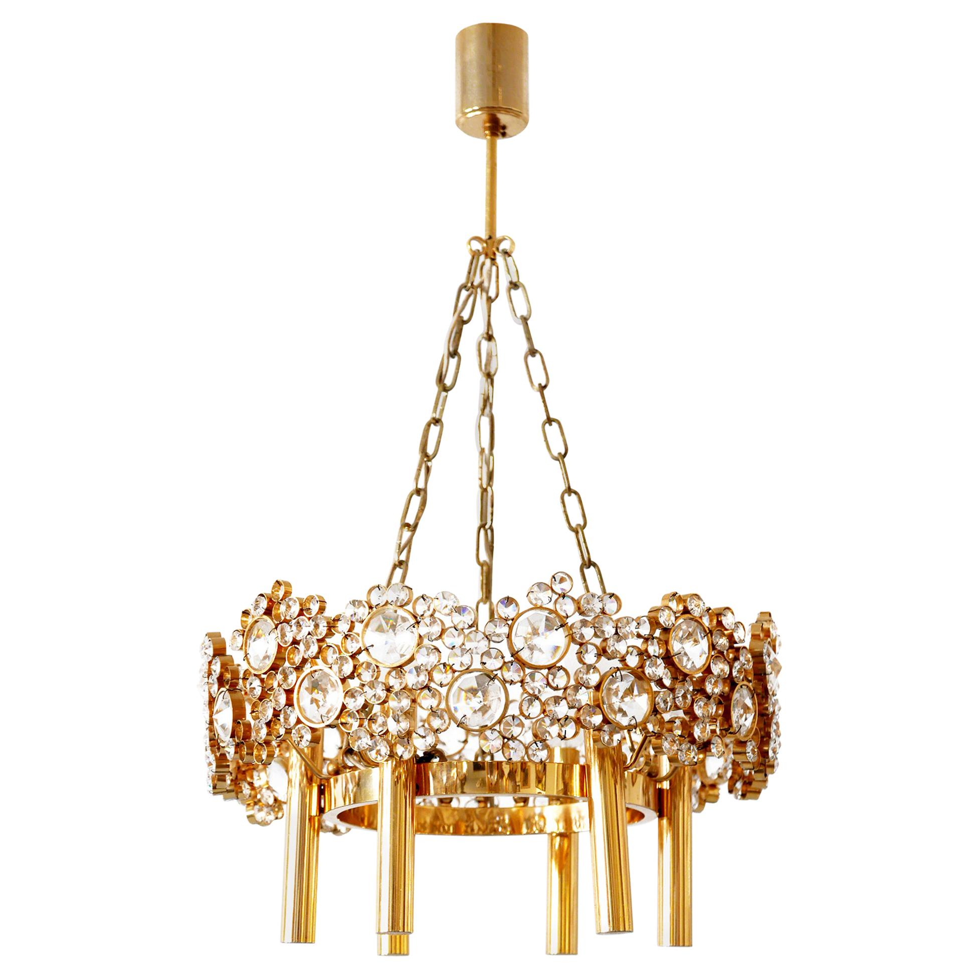 Gilt Brass Facet Cut Crystal Glass Chandelier 'Jewel' by Palwa, 1970s, Germany For Sale