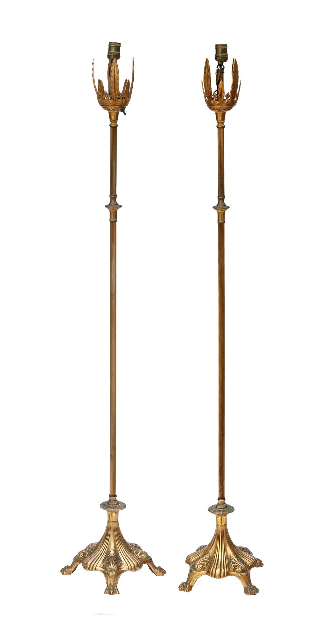 American Gilt Brass Floor Lamps Git Bronze with Amber Crackled Glass Shades, a pair For Sale