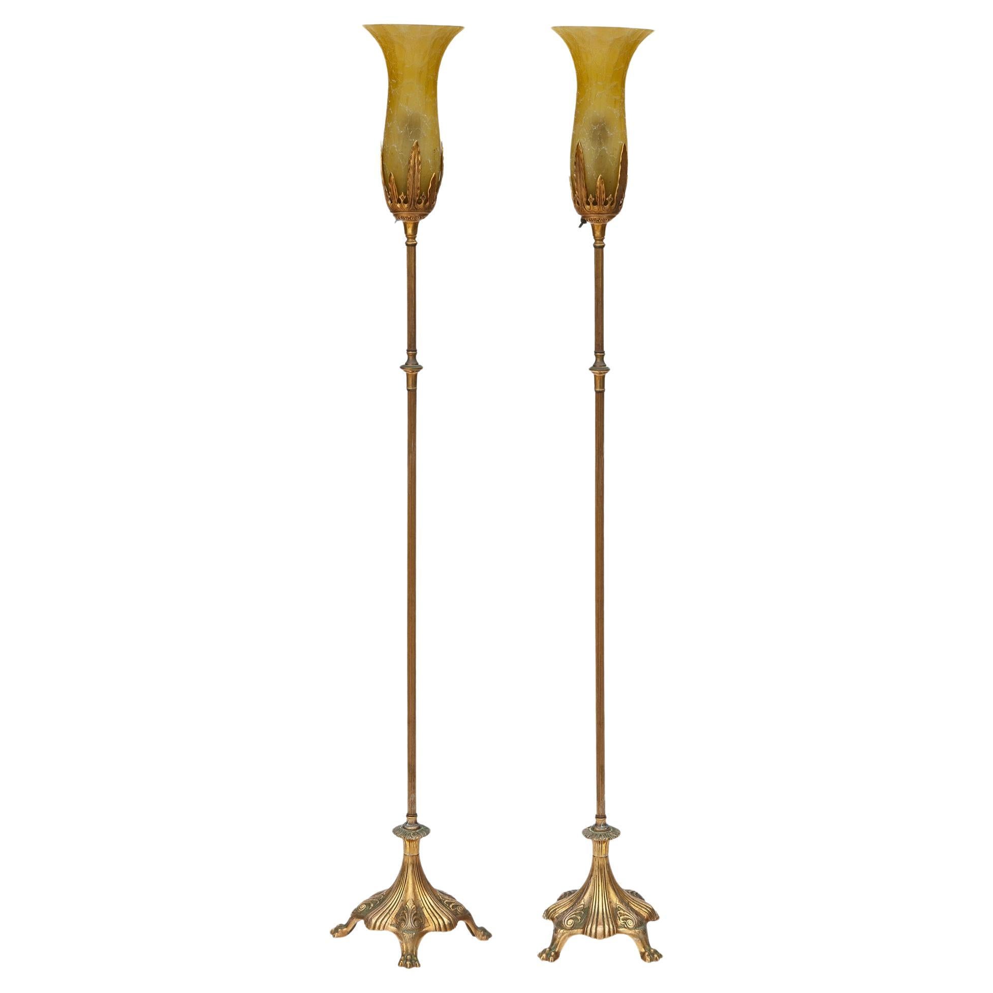 Gilt Brass Floor Lamps Git Bronze with Amber Crackled Glass Shades, a pair For Sale