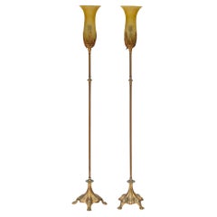 Gilt Brass Floor Lamps Git Bronze with Amber Crackled Glass Shades, a pair