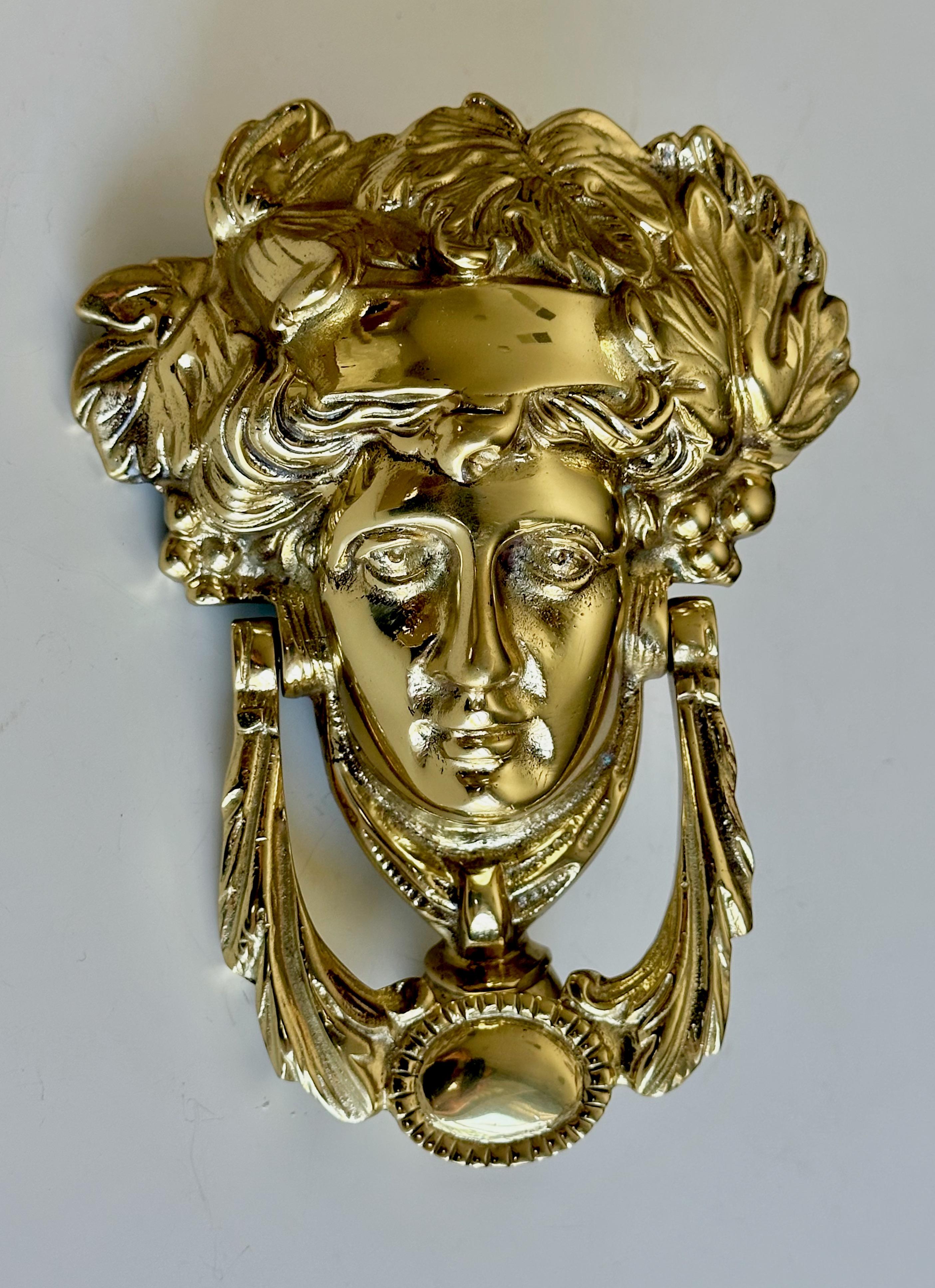 Heavy well cast gilt brass door knocker of Greek goddess Athena. New old stock. 