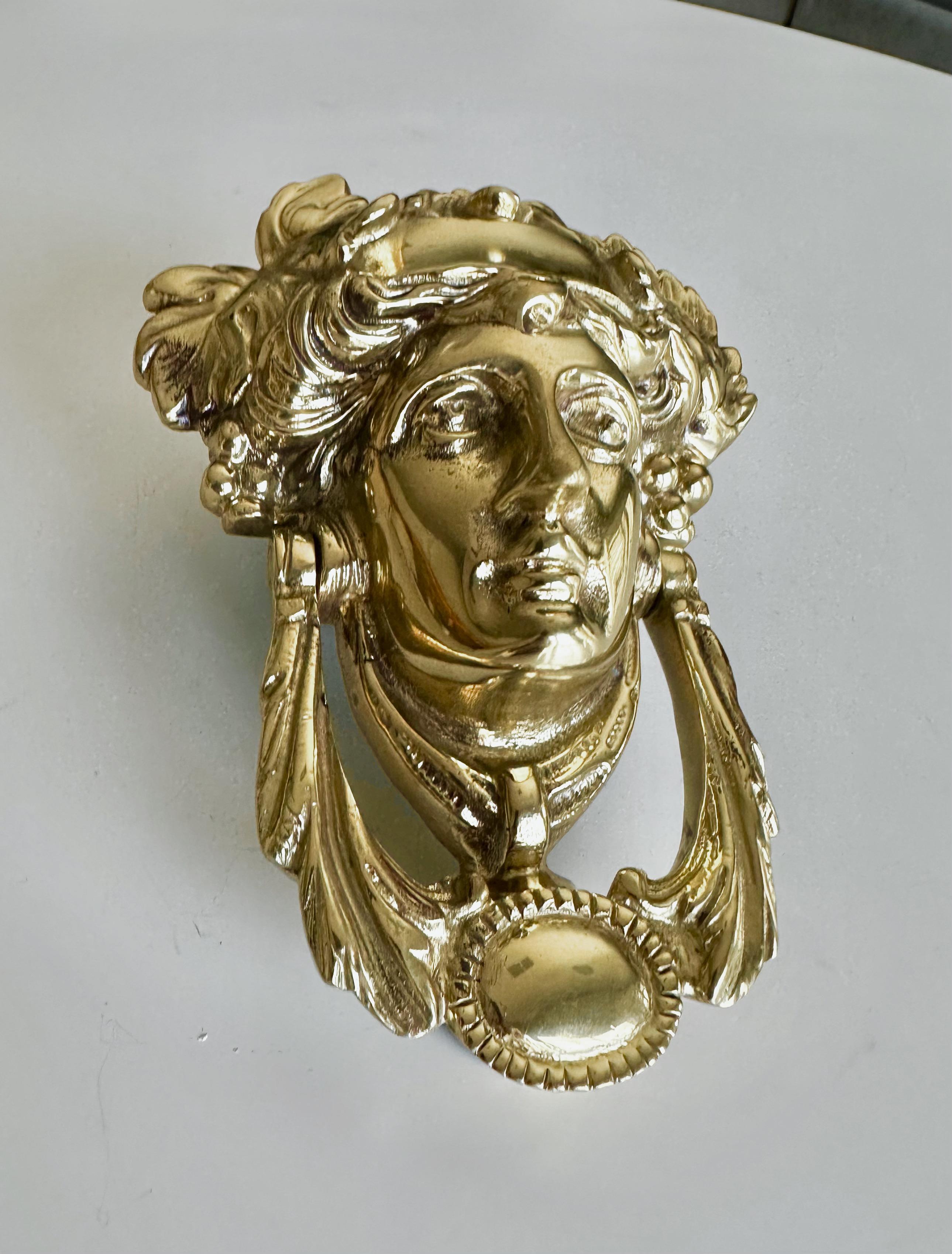 British Gilt Brass Goddess Bacchus Athena Door Knocker For Sale