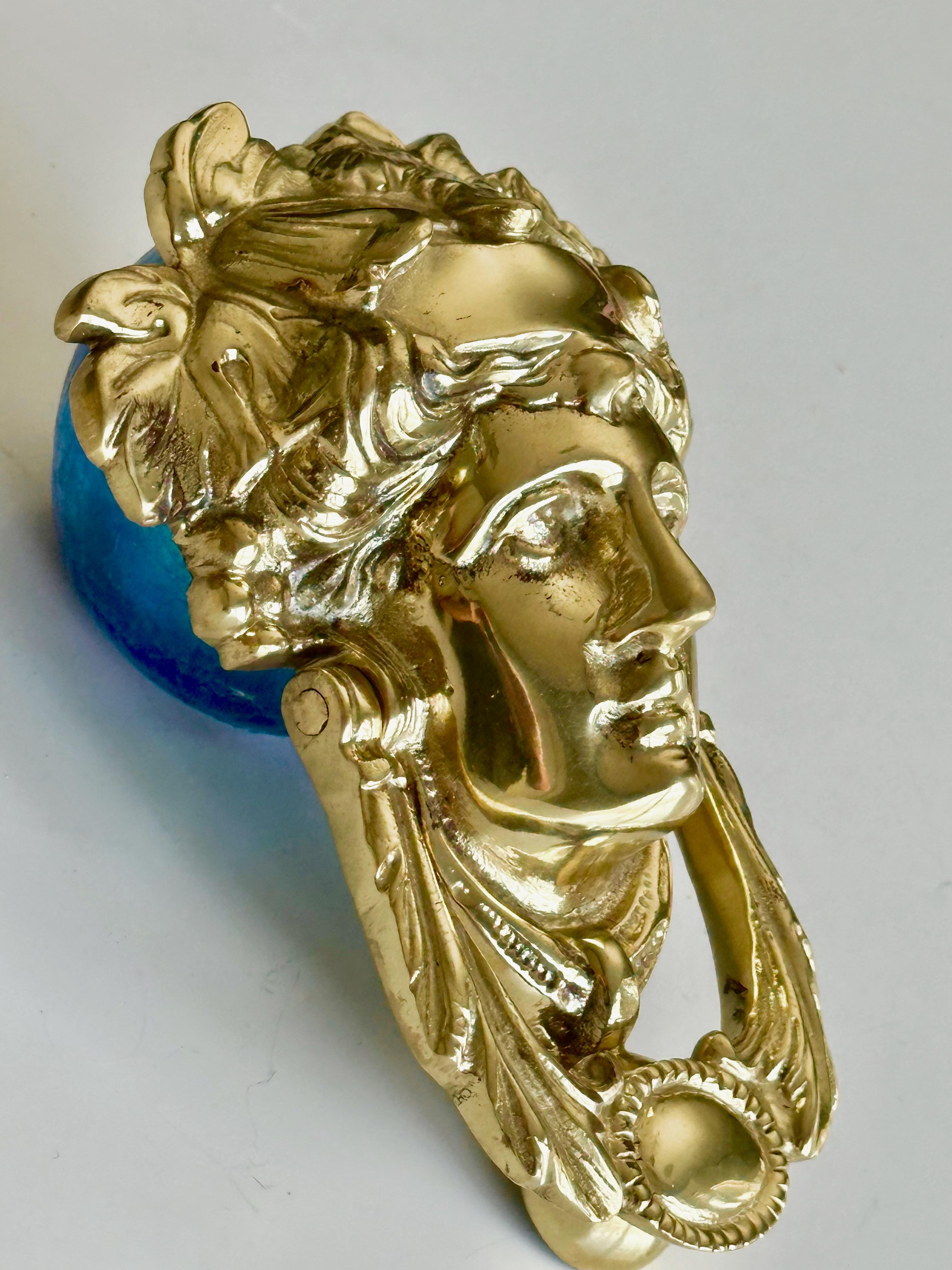 Gilt Brass Goddess Bacchus Athena Door Knocker In Excellent Condition For Sale In Palm Springs, CA