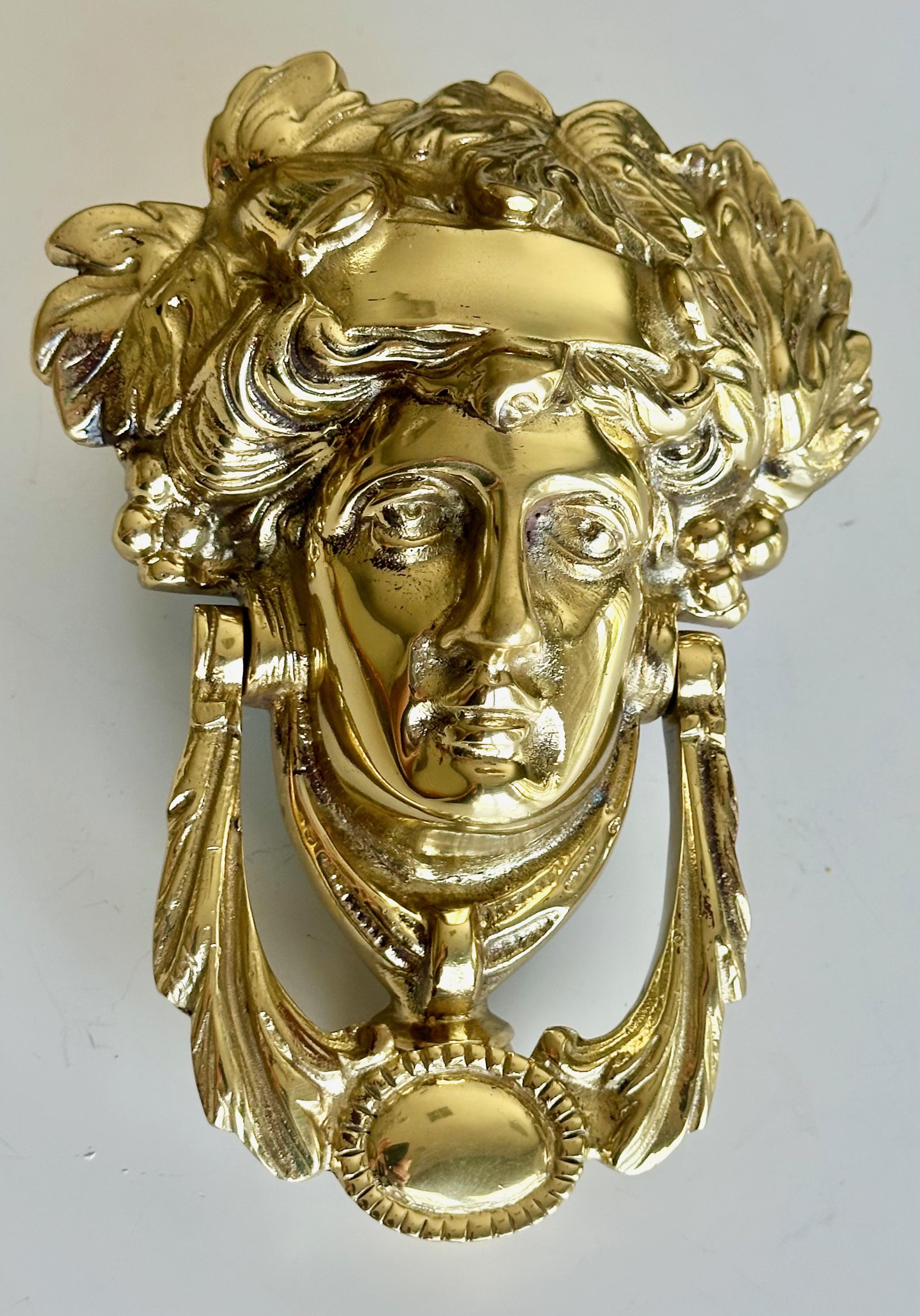 Gilt Brass Goddess Bacchus Athena Door Knocker For Sale 3