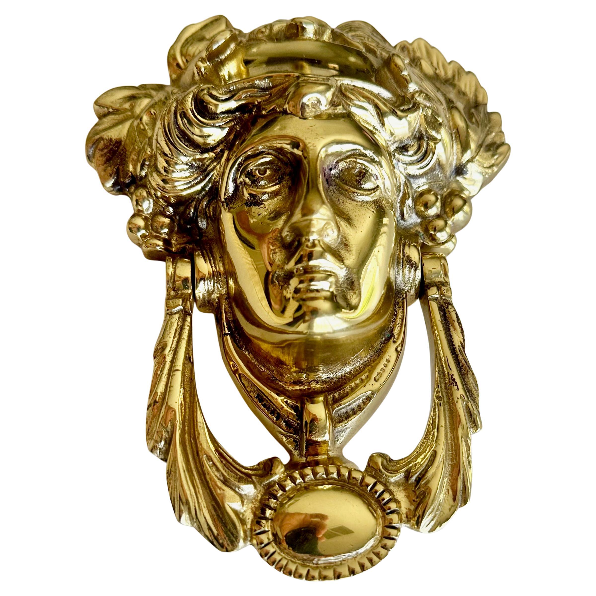 Gilt Brass Goddess Bacchus Athena Door Knocker For Sale