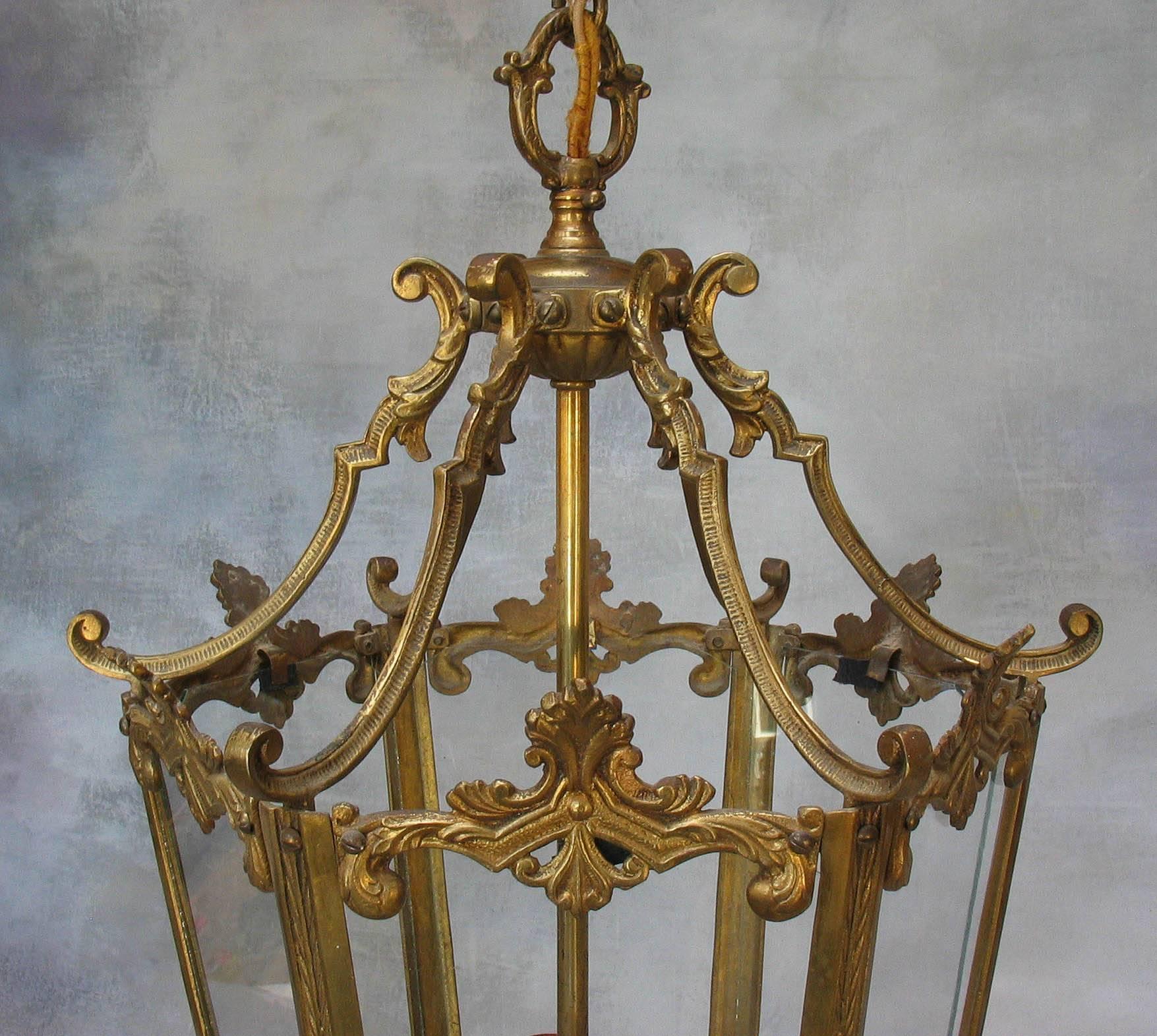 20th Century Gilt Brass Hexagonal Louis XV Style Hall Lantern