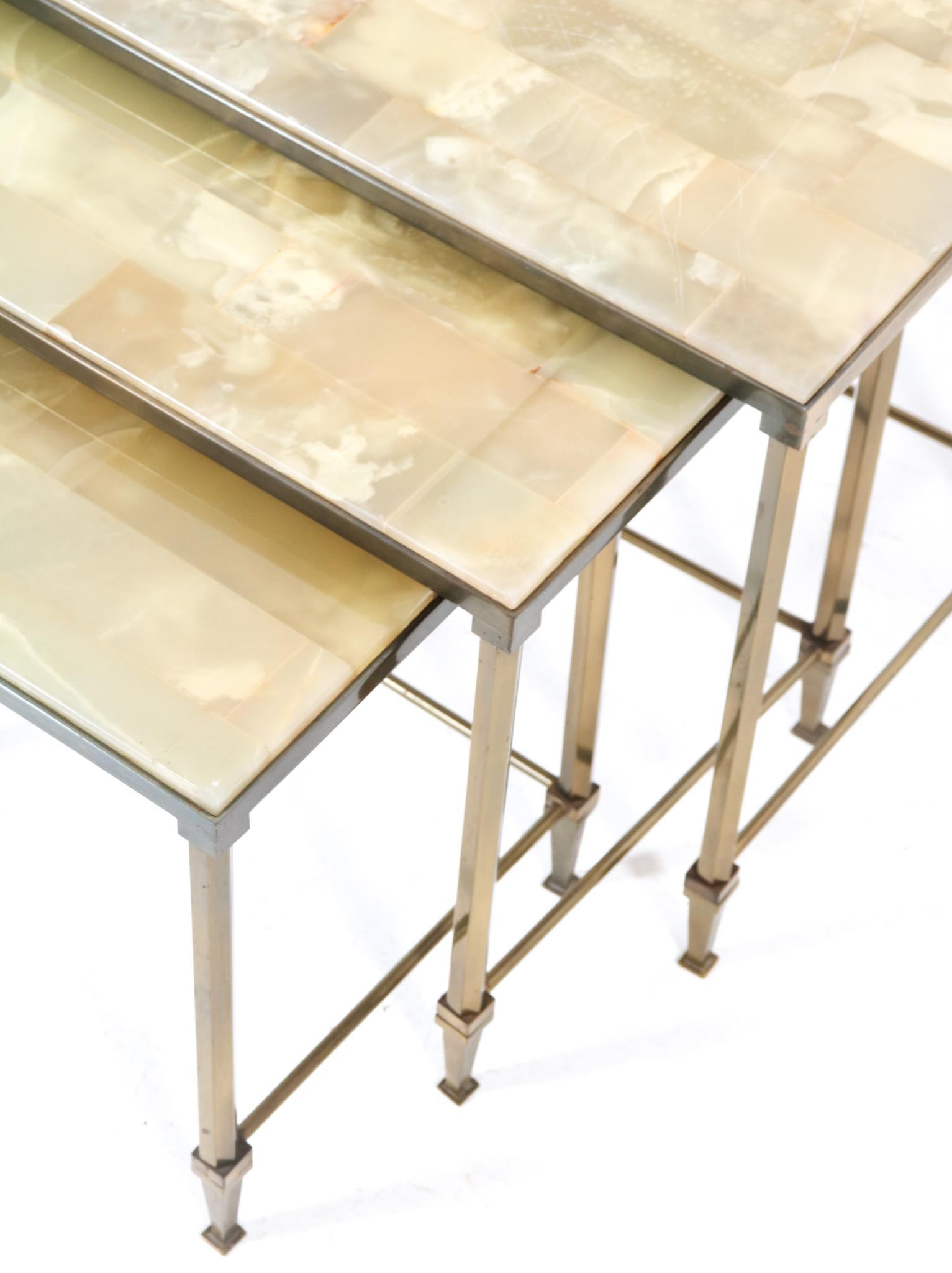 Gilt Brass Hollywood Regency Nesting Tables with Alabaster Tops, 1970s For Sale 5