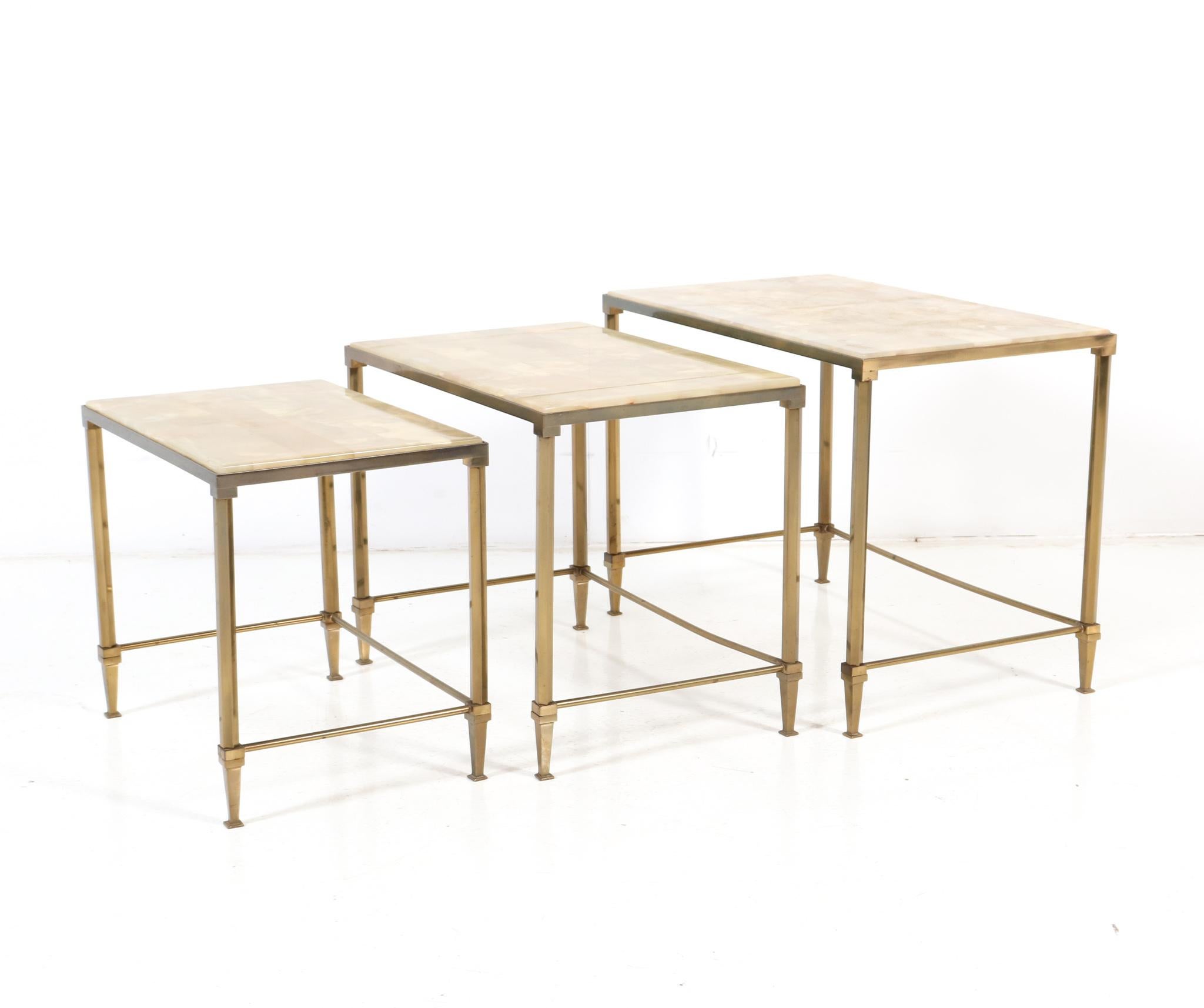 French Gilt Brass Hollywood Regency Nesting Tables with Alabaster Tops, 1970s For Sale