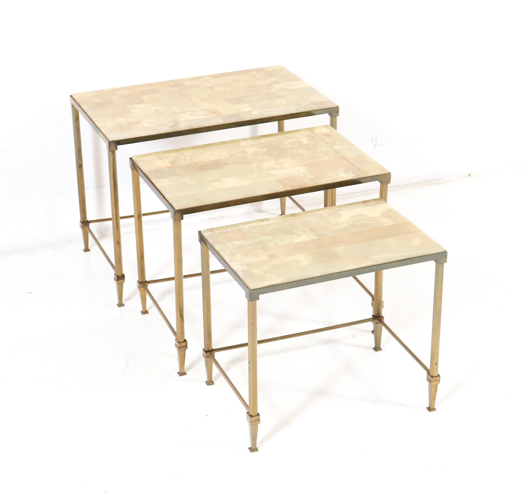 Gilt Brass Hollywood Regency Nesting Tables with Alabaster Tops, 1970s In Good Condition For Sale In Amsterdam, NL